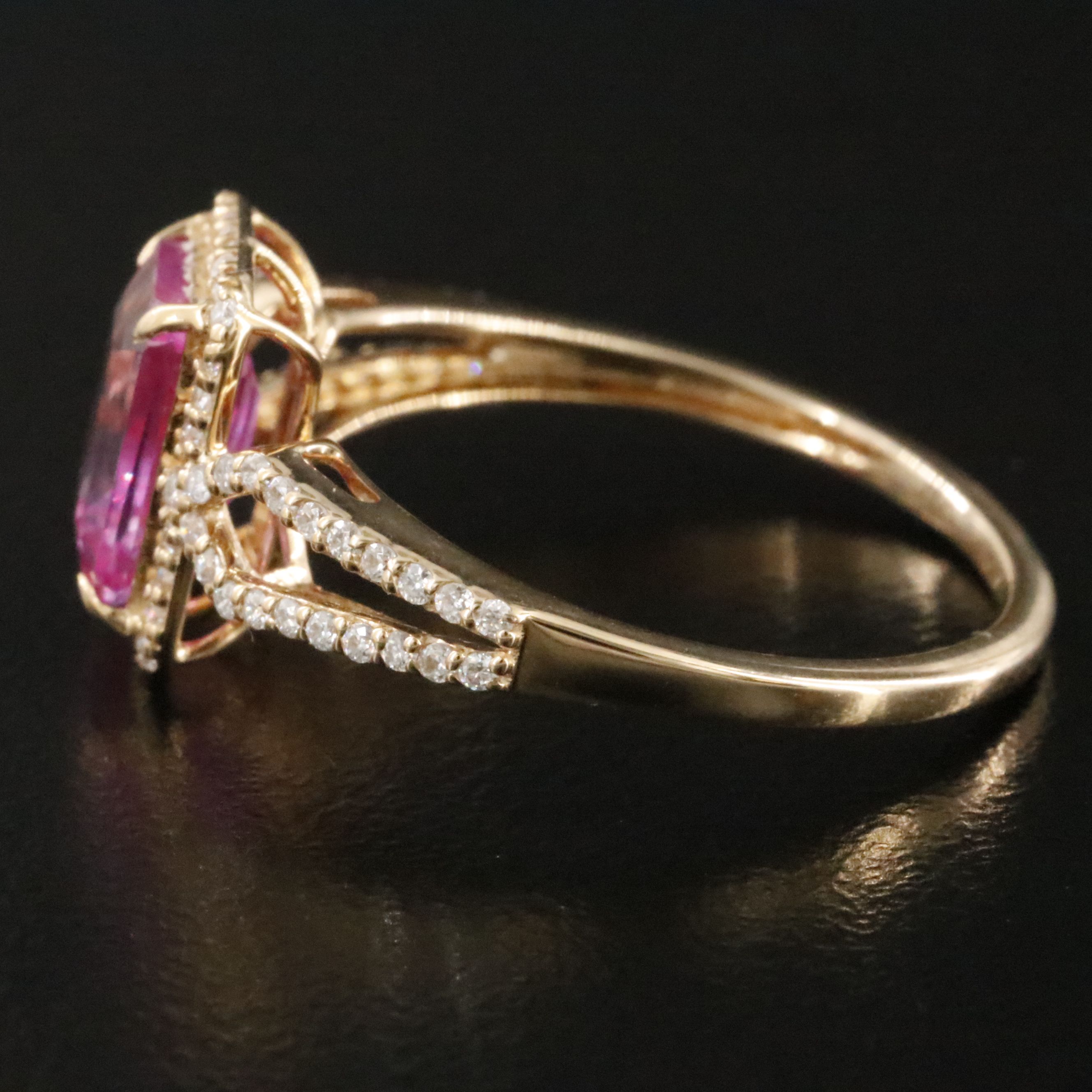 14K 1.79 CT Lab Grown Pink Sapphire and Moissanite Halo Ring