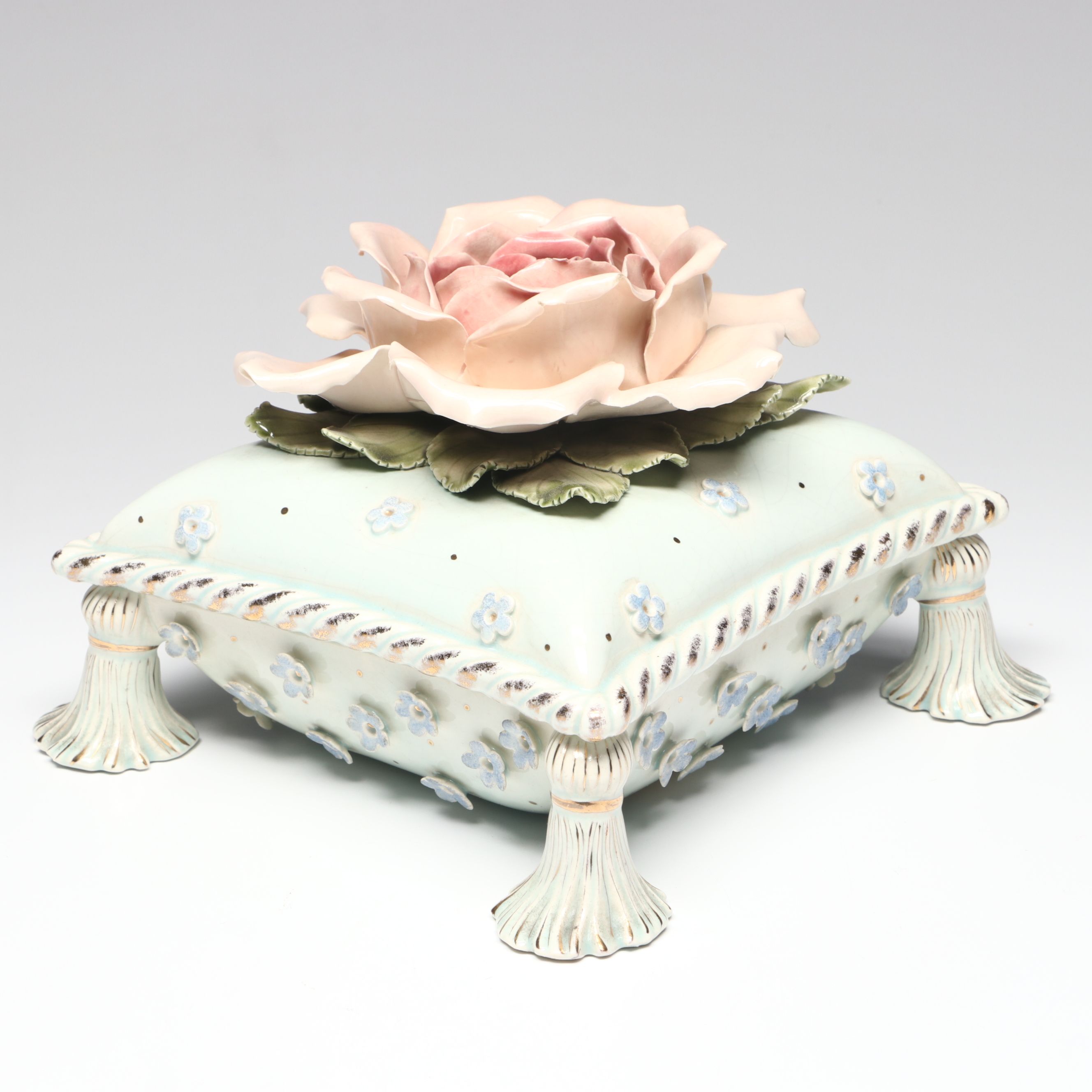 Hobe Rococo Style Floral Porcelain Decorative Box and Chamberstick