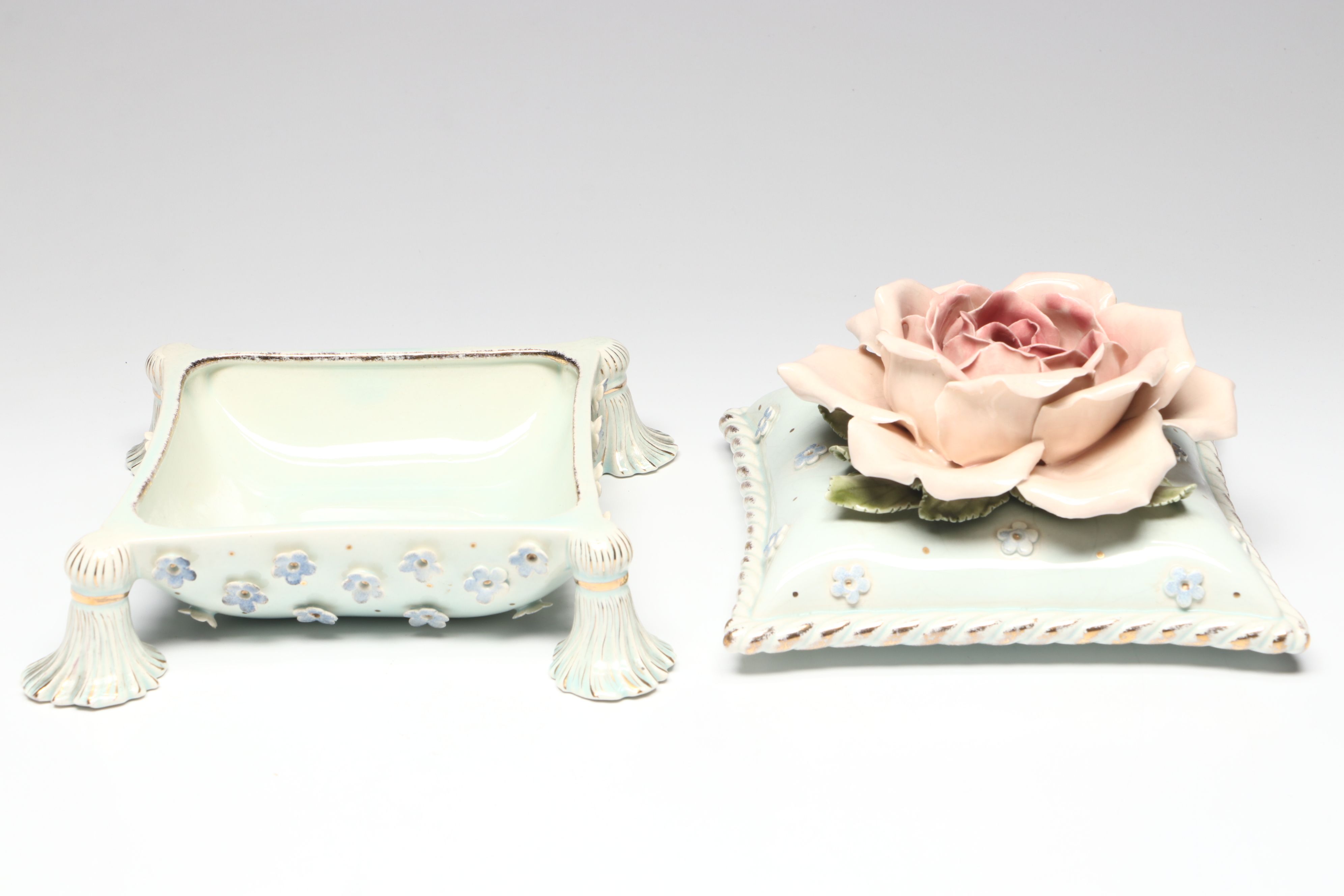 Hobe Rococo Style Floral Porcelain Decorative Box and Chamberstick