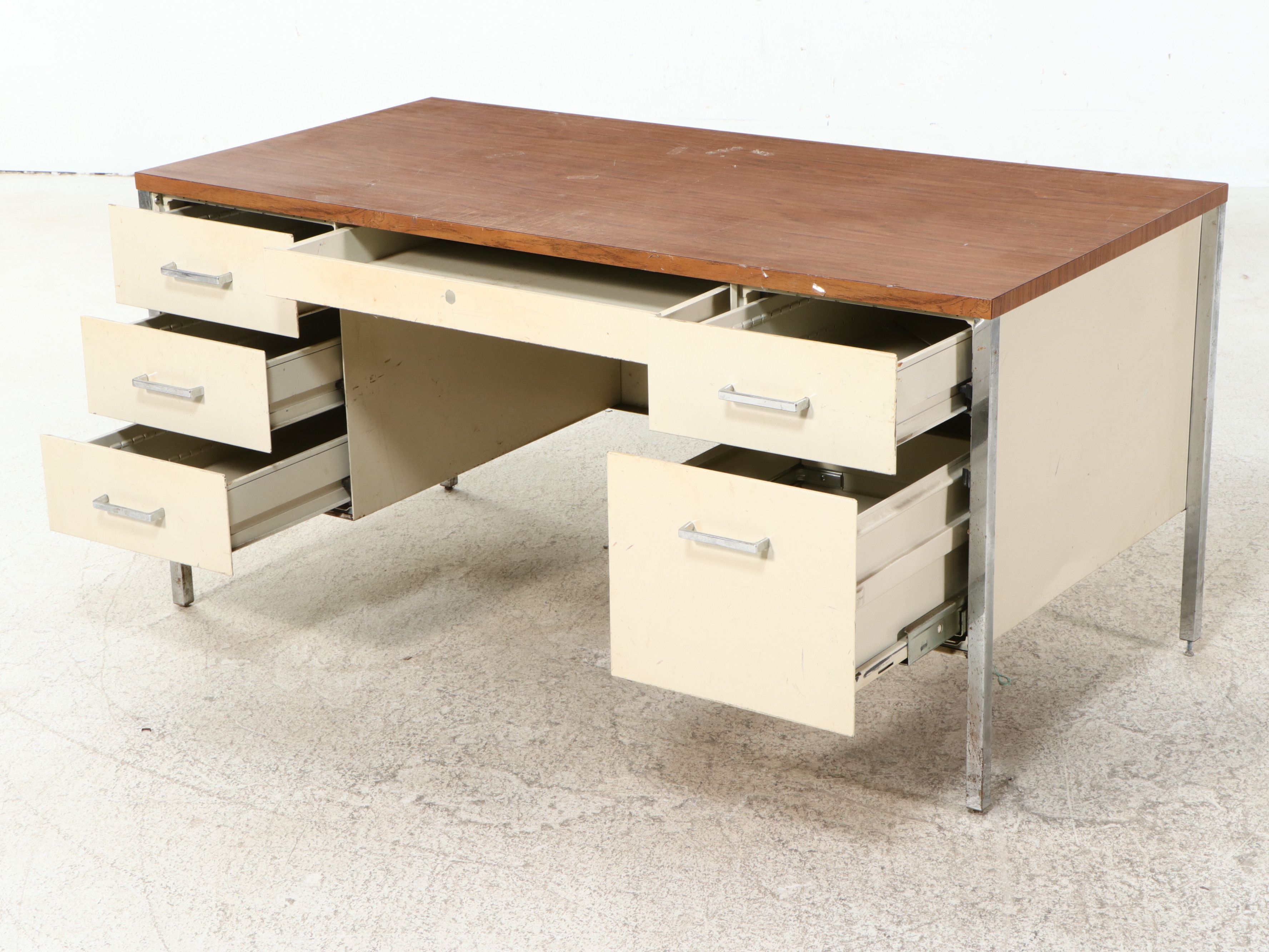 Mid Century Modern Steel and Faux Wood Laminate Office Desk
