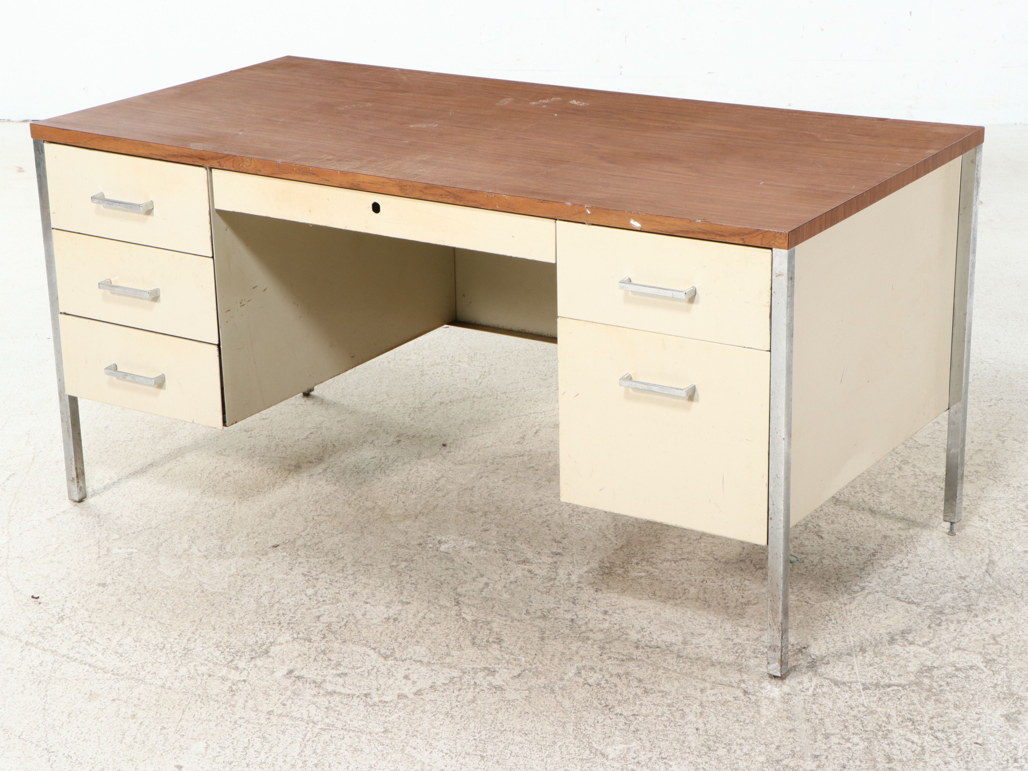 Mid Century Modern Steel and Faux Wood Laminate Office Desk