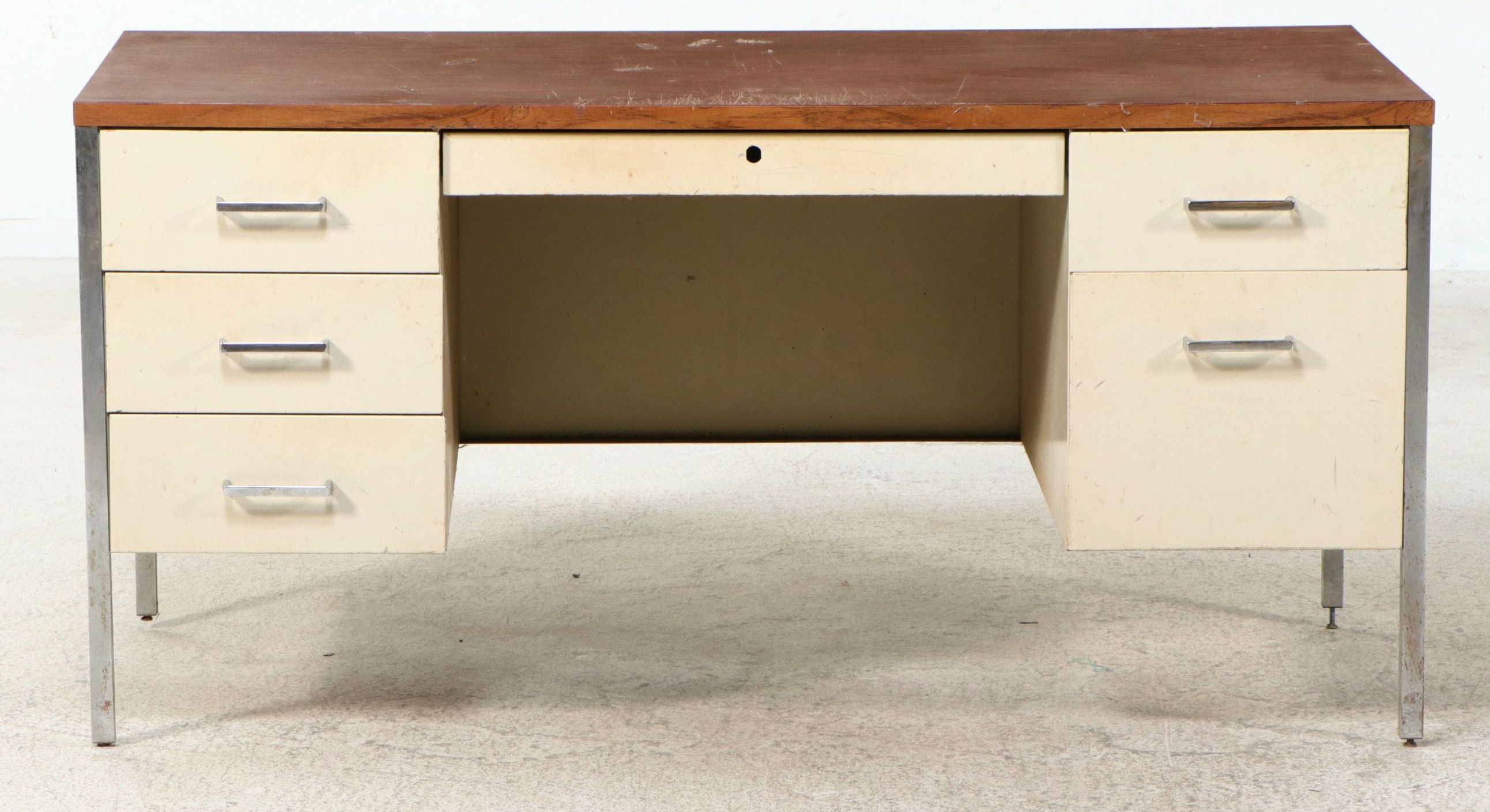 Mid Century Modern Steel and Faux Wood Laminate Office Desk