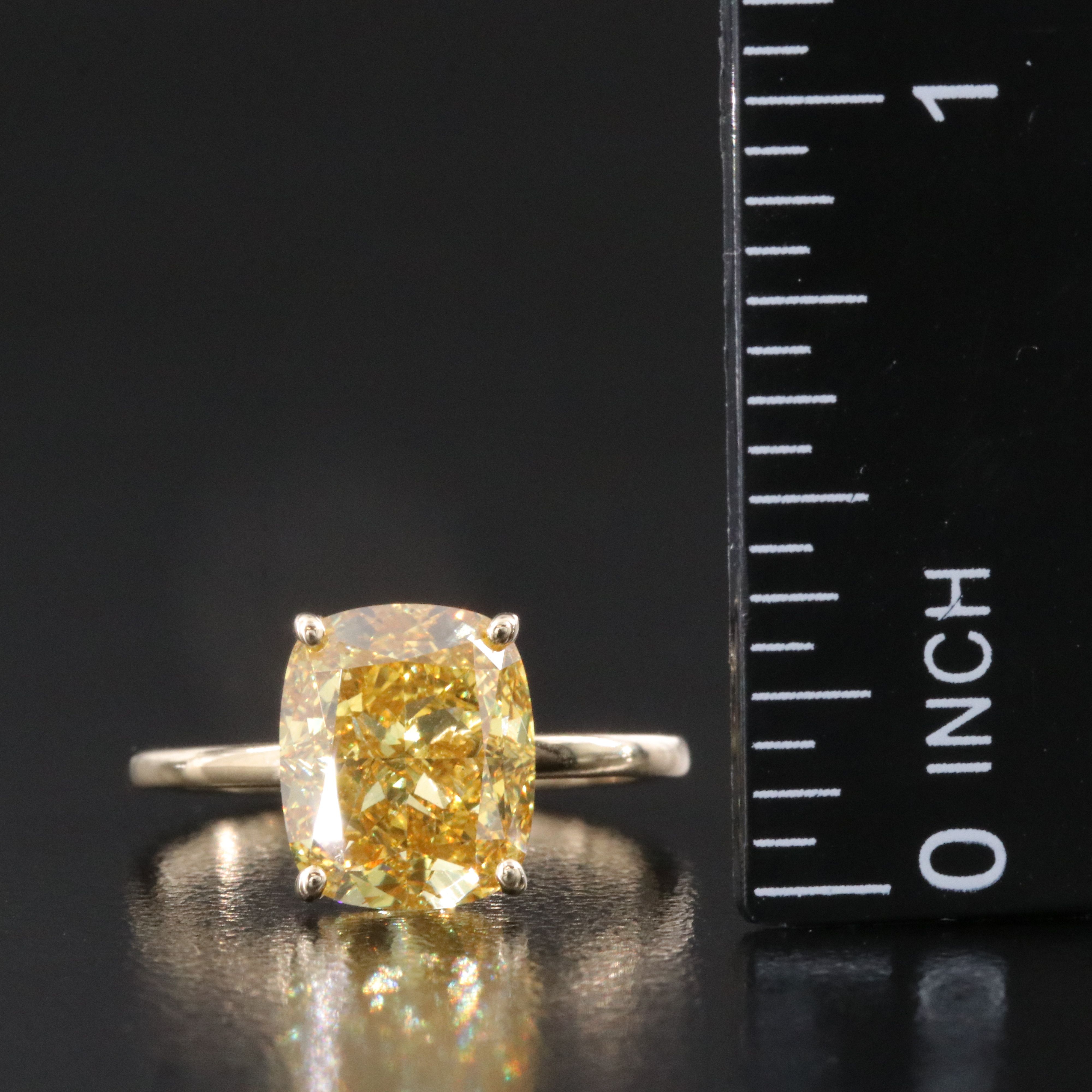 14K 4.00 CT Lab Grown Fancy Vivid Yellow Diamond Solitaire Ring with IGI Report
