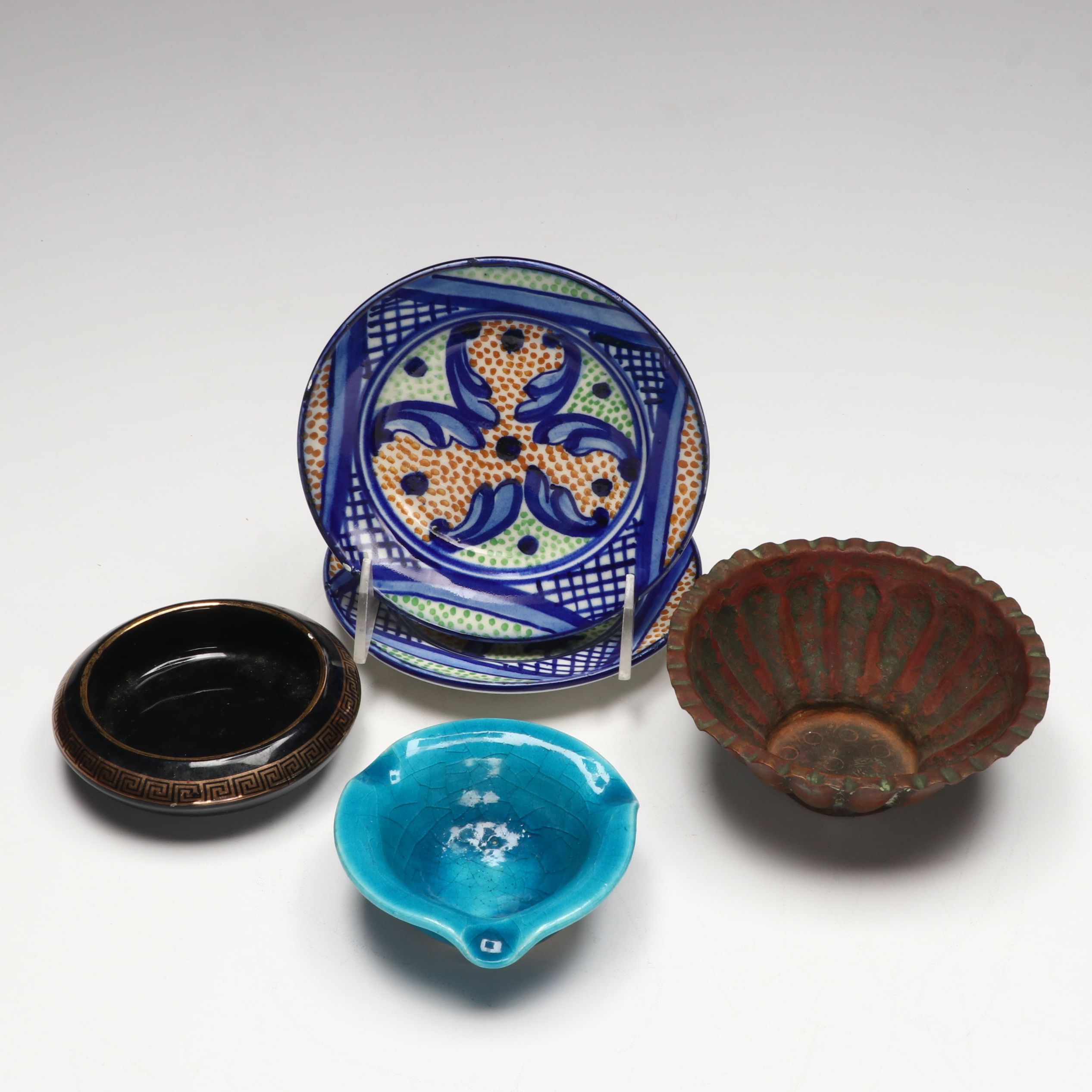 Ceramic Ashtray, Metal Bowl, Greek 24K Decorated Bowl, and Ceramic Plates