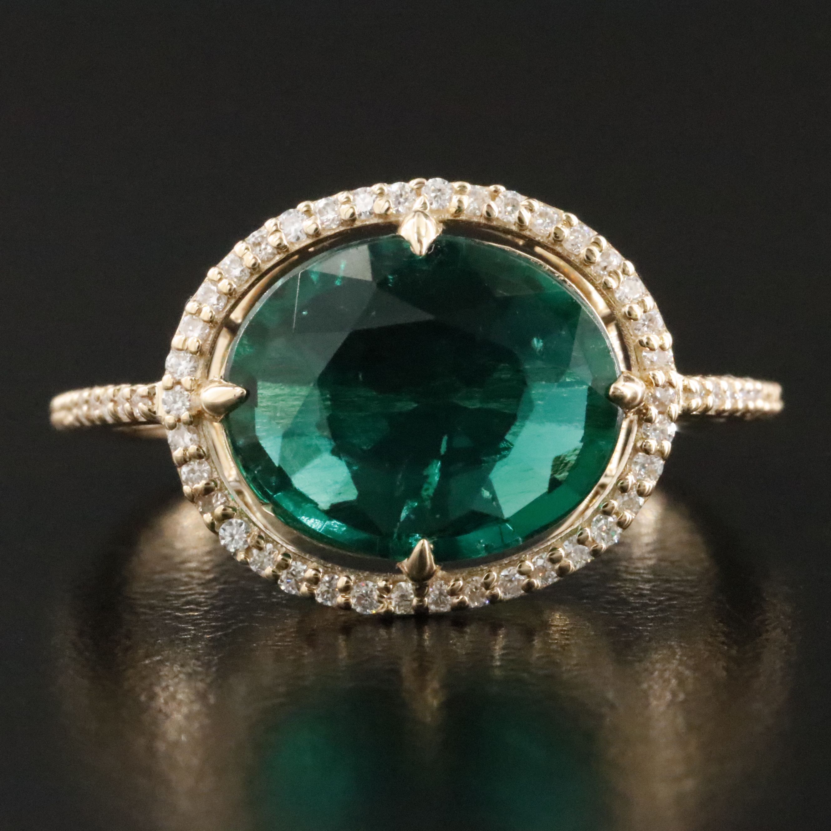 14K 2.54 CT Lab Grown Emerald and Moissanite Halo Ring