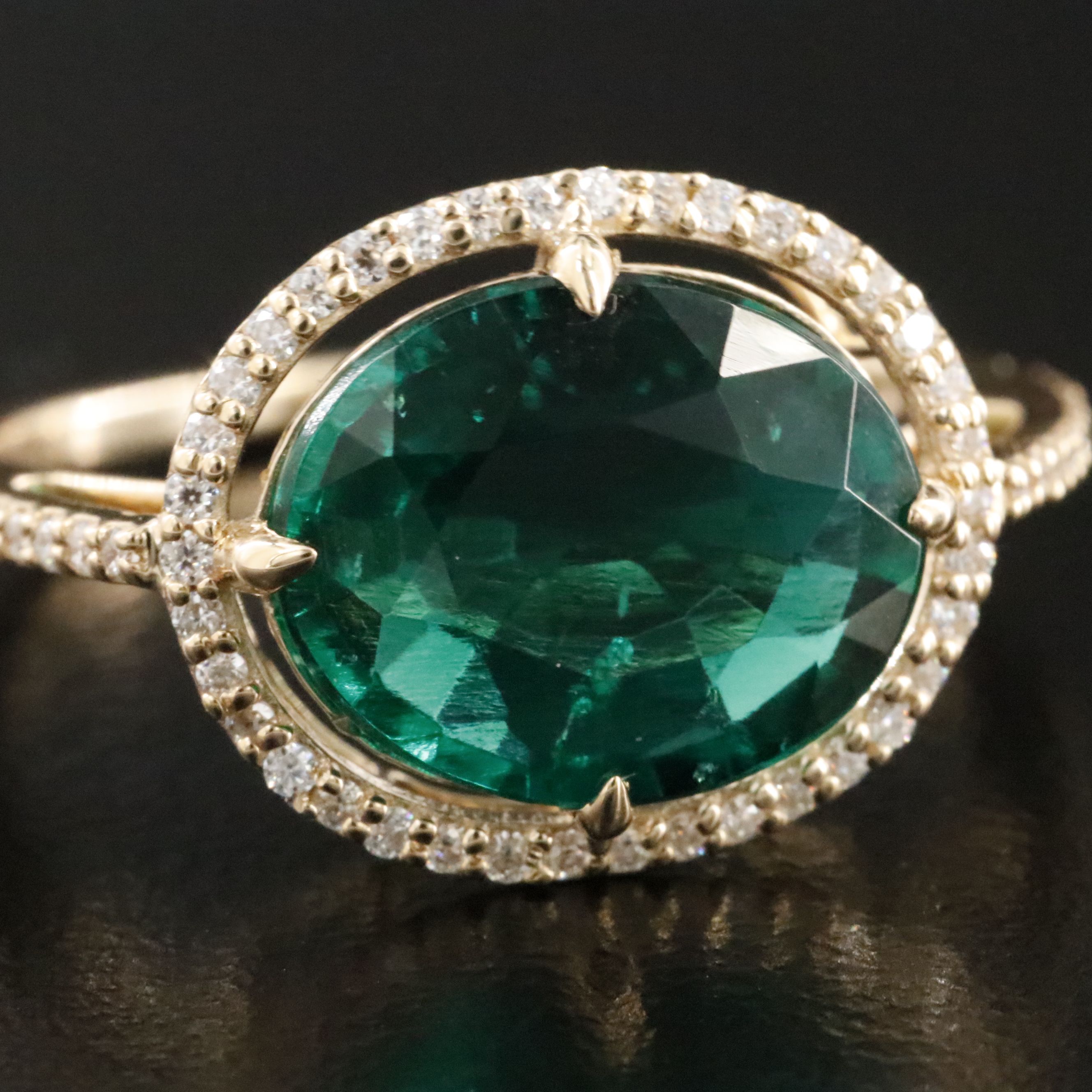 14K 2.54 CT Lab Grown Emerald and Moissanite Halo Ring