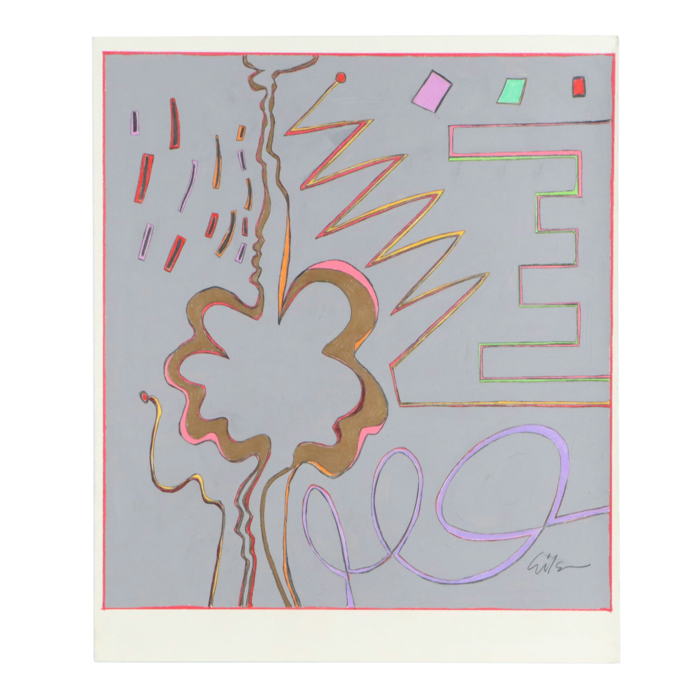 Harry Hilson Linear Mixed Media Painting, Mid to Late 20th Century