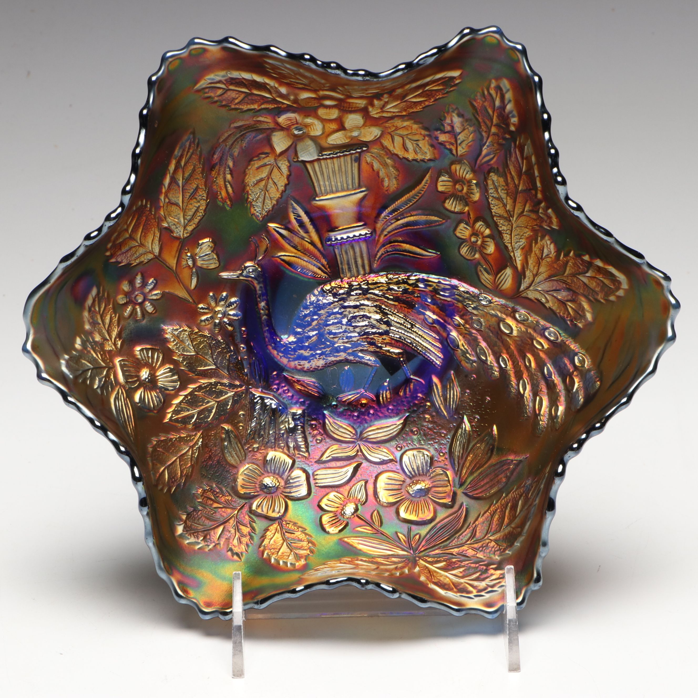 Fenton "Peacock and Urn" Carnival Glass Ruffled Bowl, Early 20th Century
