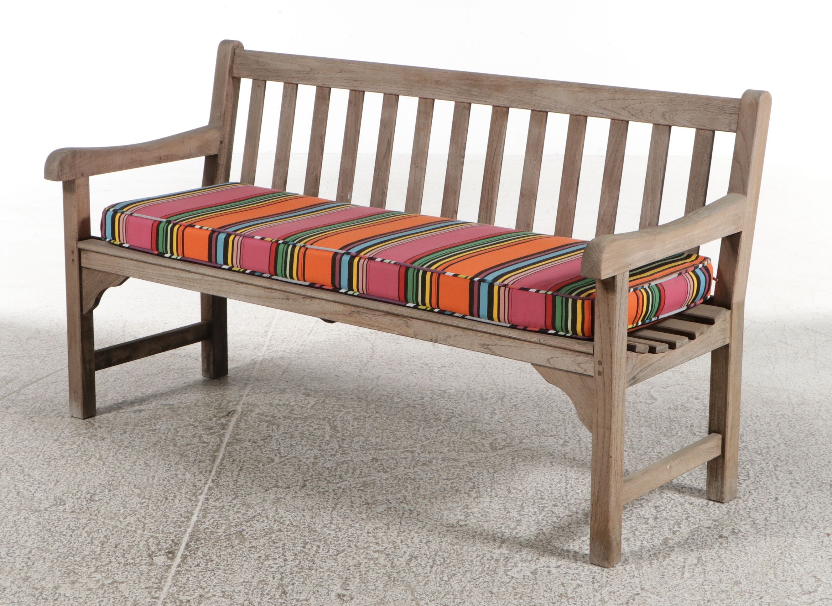 Smith & Hawken Teak Garden Bench with Striped Cushion