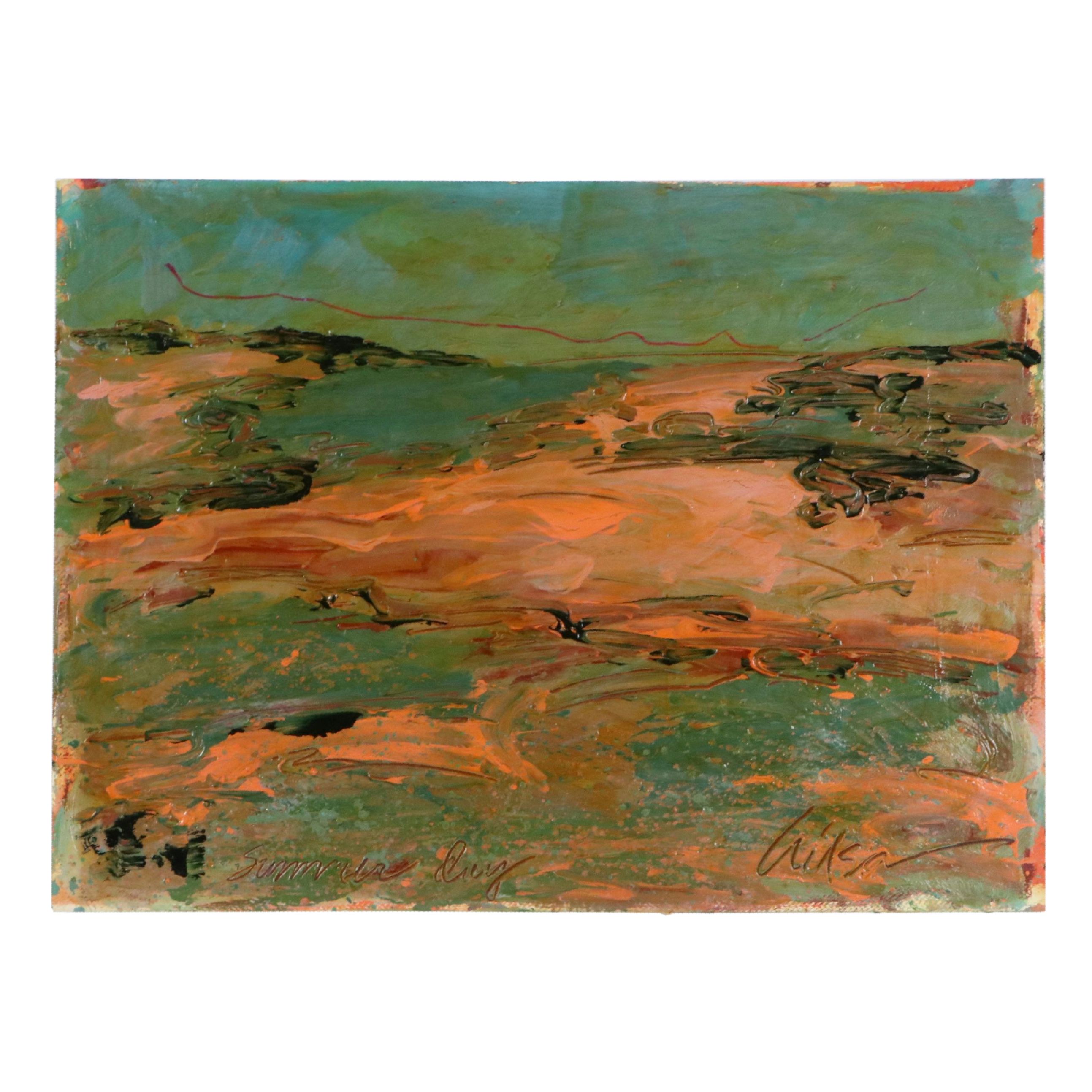 Harry Hilson Oil Painting of Abstract Landscape, Mid to Late 20th Century