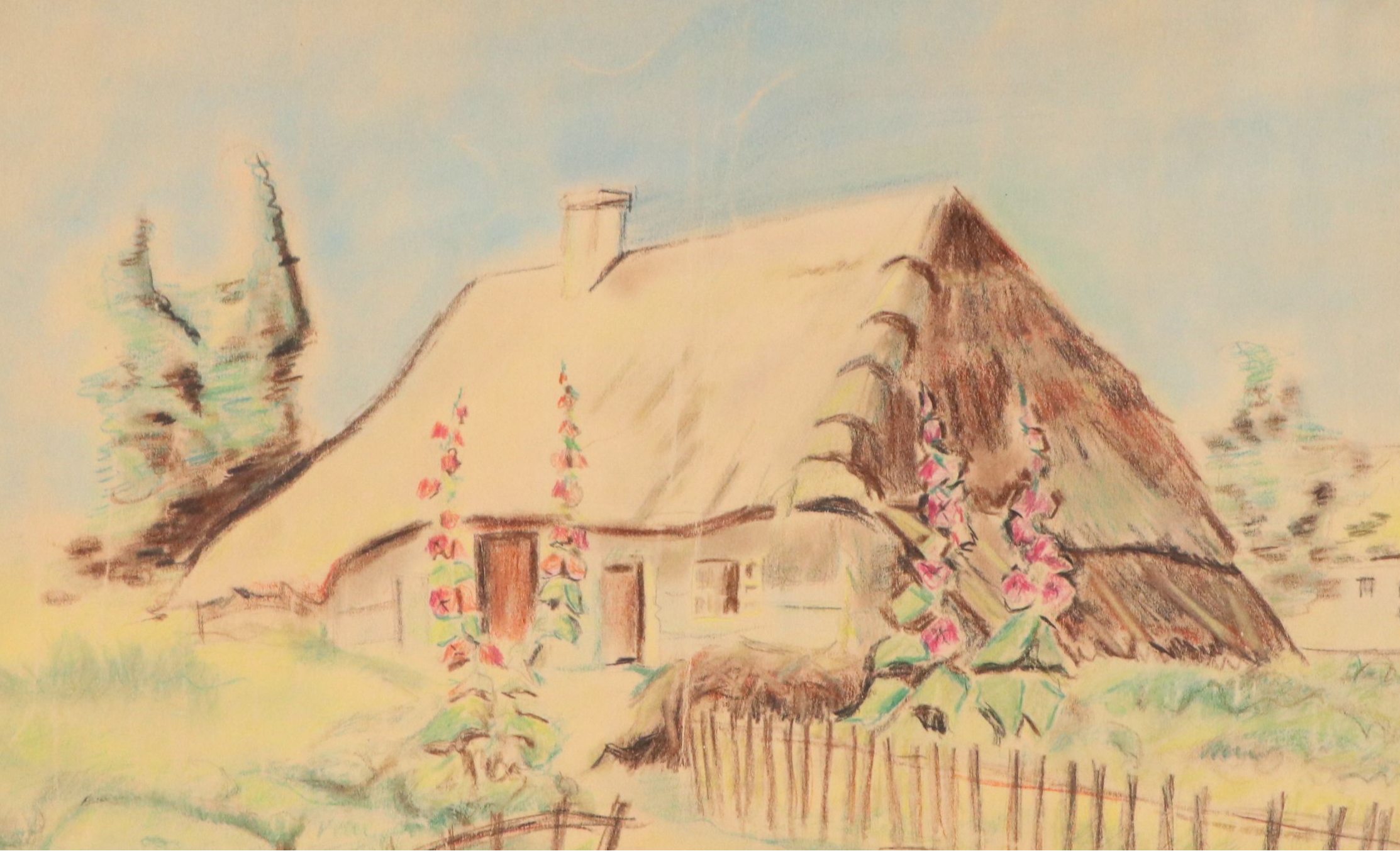 André Dauchez Drawing of Breton Cottage with Hay Roof on Paper, Circa 1920