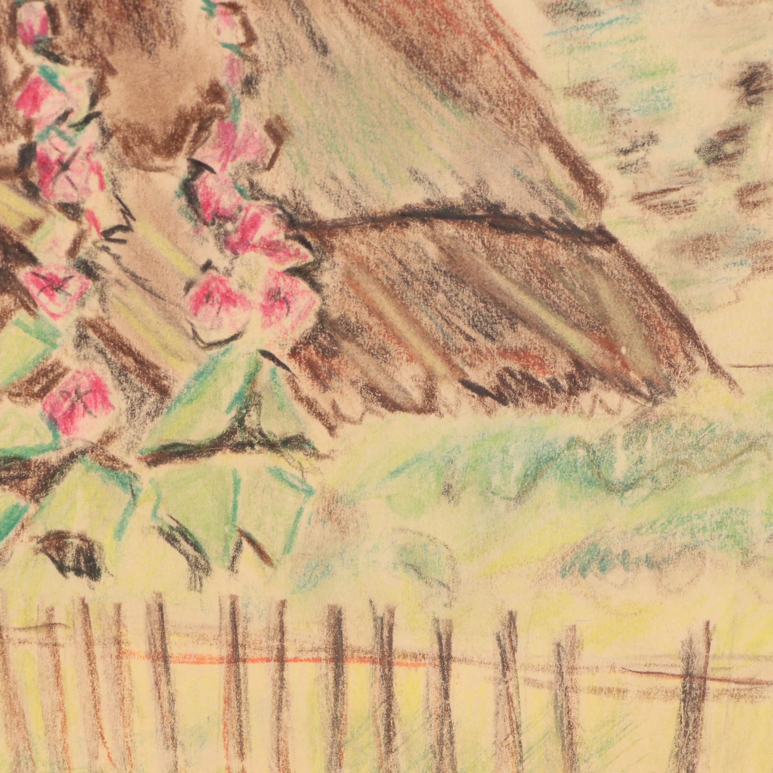 André Dauchez Drawing of Breton Cottage with Hay Roof on Paper, Circa 1920