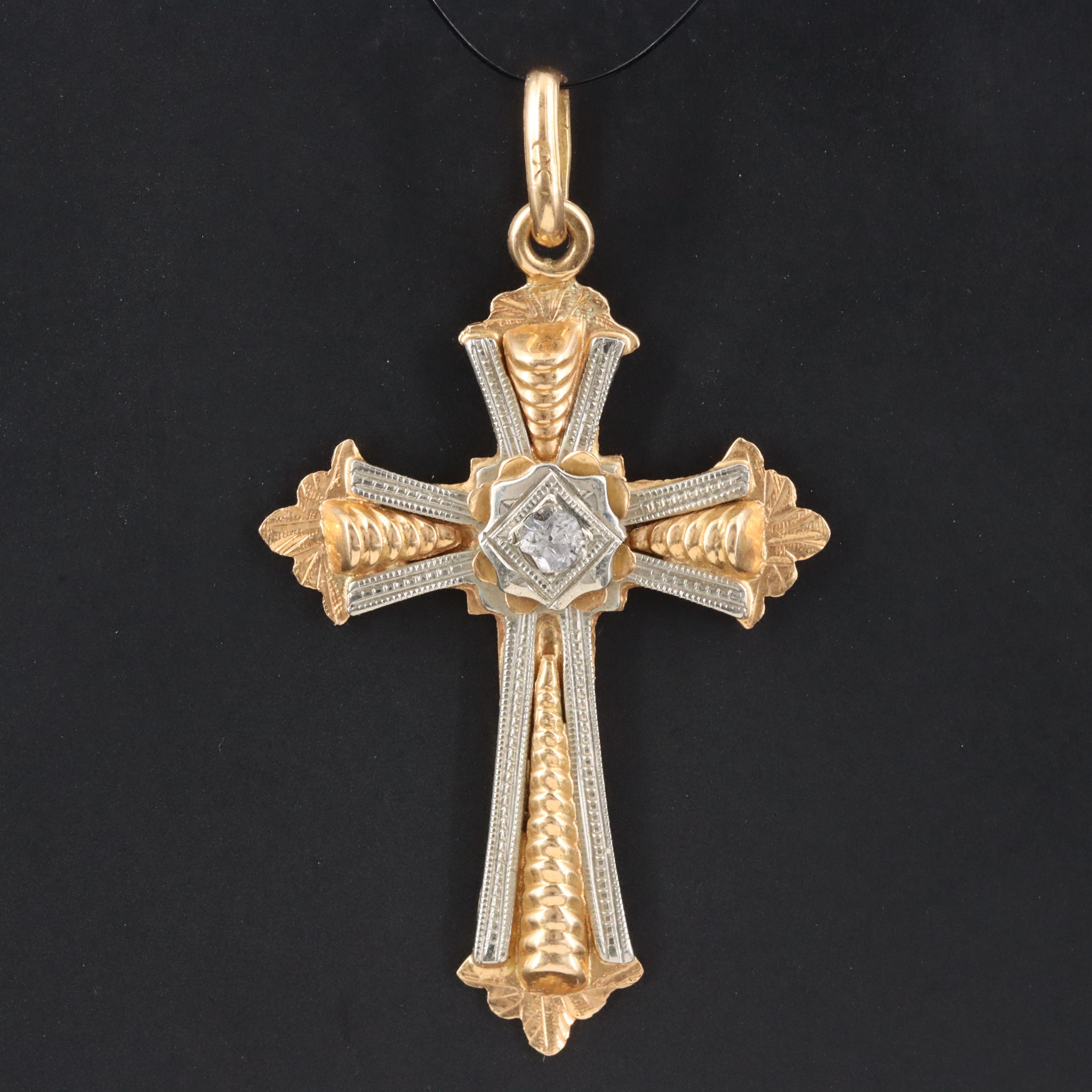 18K Two Tone White Topaz Cross Pendant