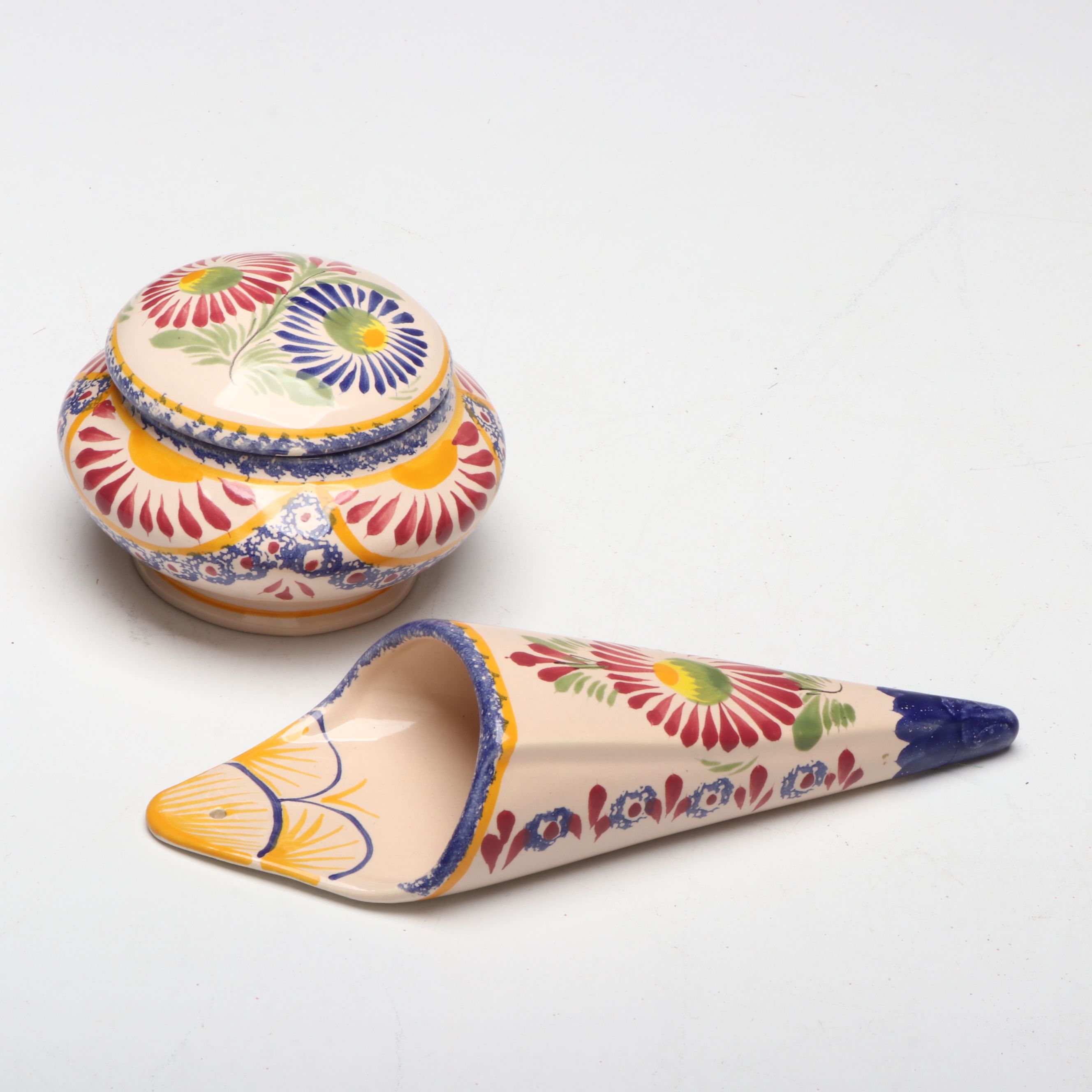 Henriot Quimper Ceramic Wall Pocket and Lidded Jar with More Hand-Painted Décor