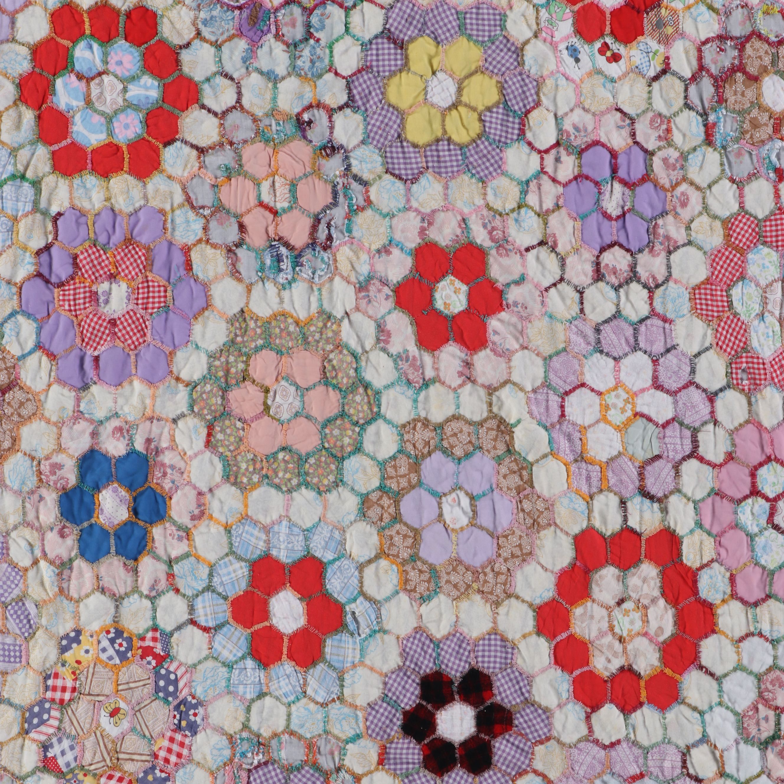 Hand-Pieced "Grandmother's Flower Garden" Yo-Yo Cotton Quilt