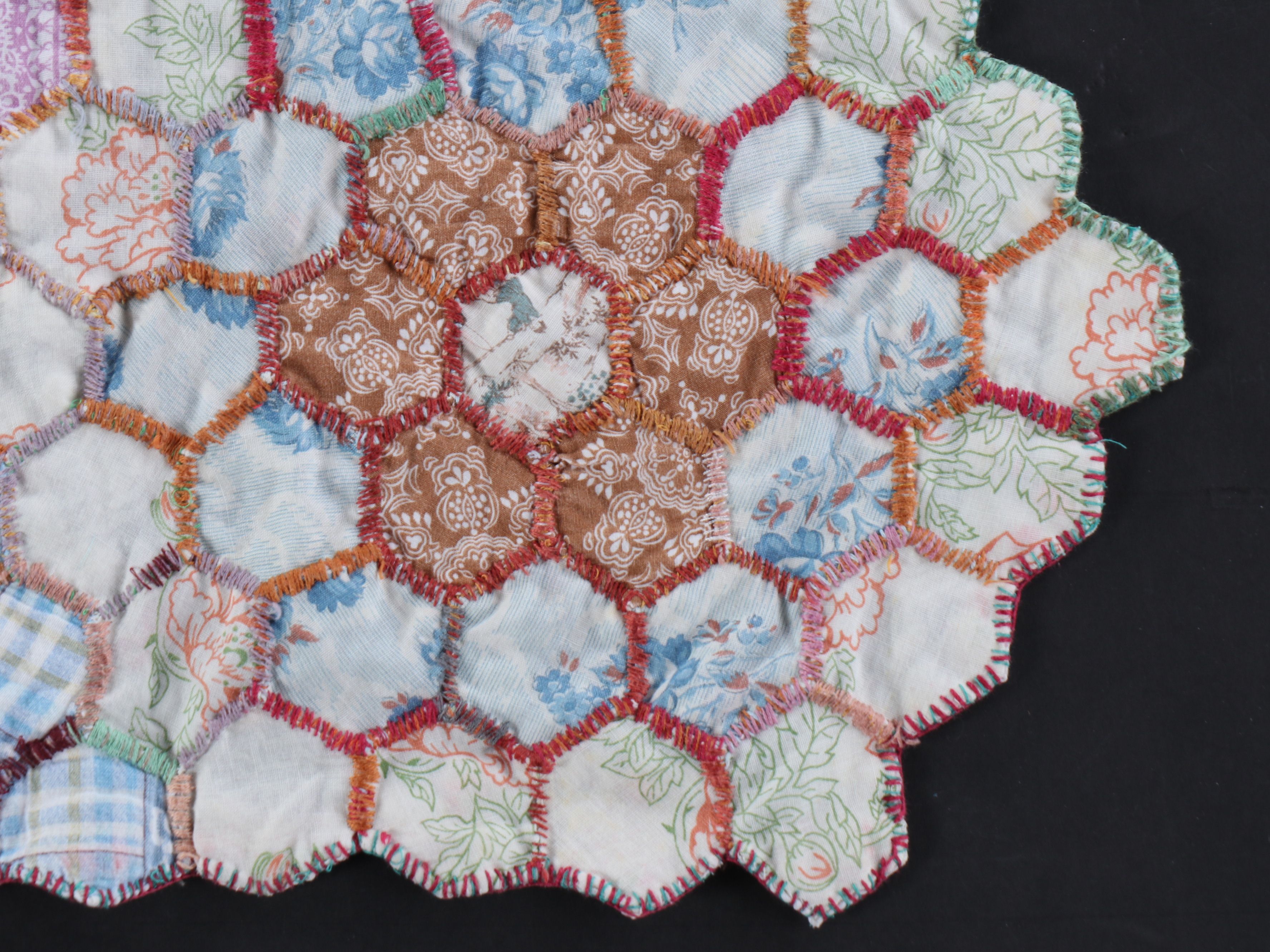 Hand-Pieced "Grandmother's Flower Garden" Yo-Yo Cotton Quilt