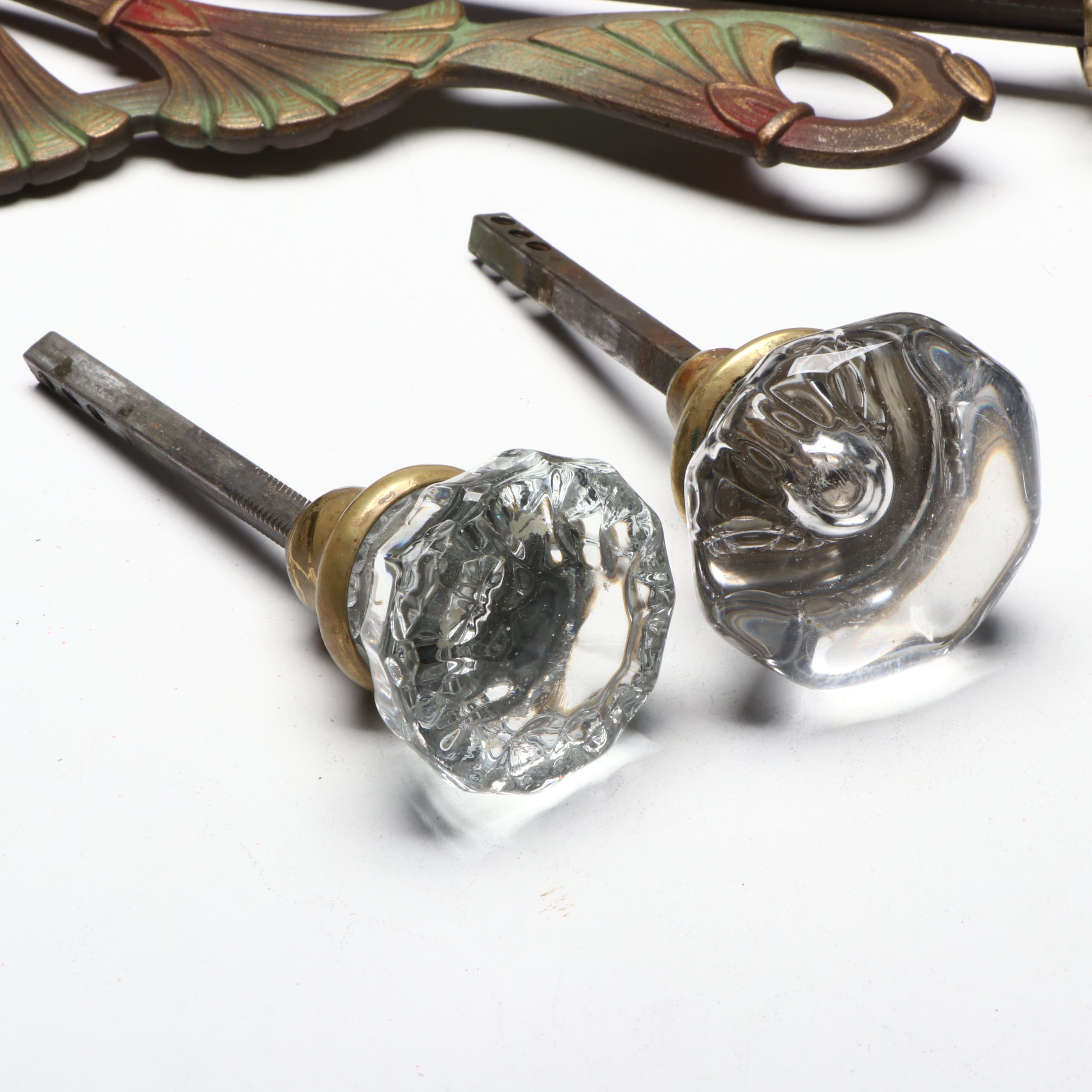 Art Nouveau Swing Arm Curtain Rods with Vintage Brass Finish Doorknobs