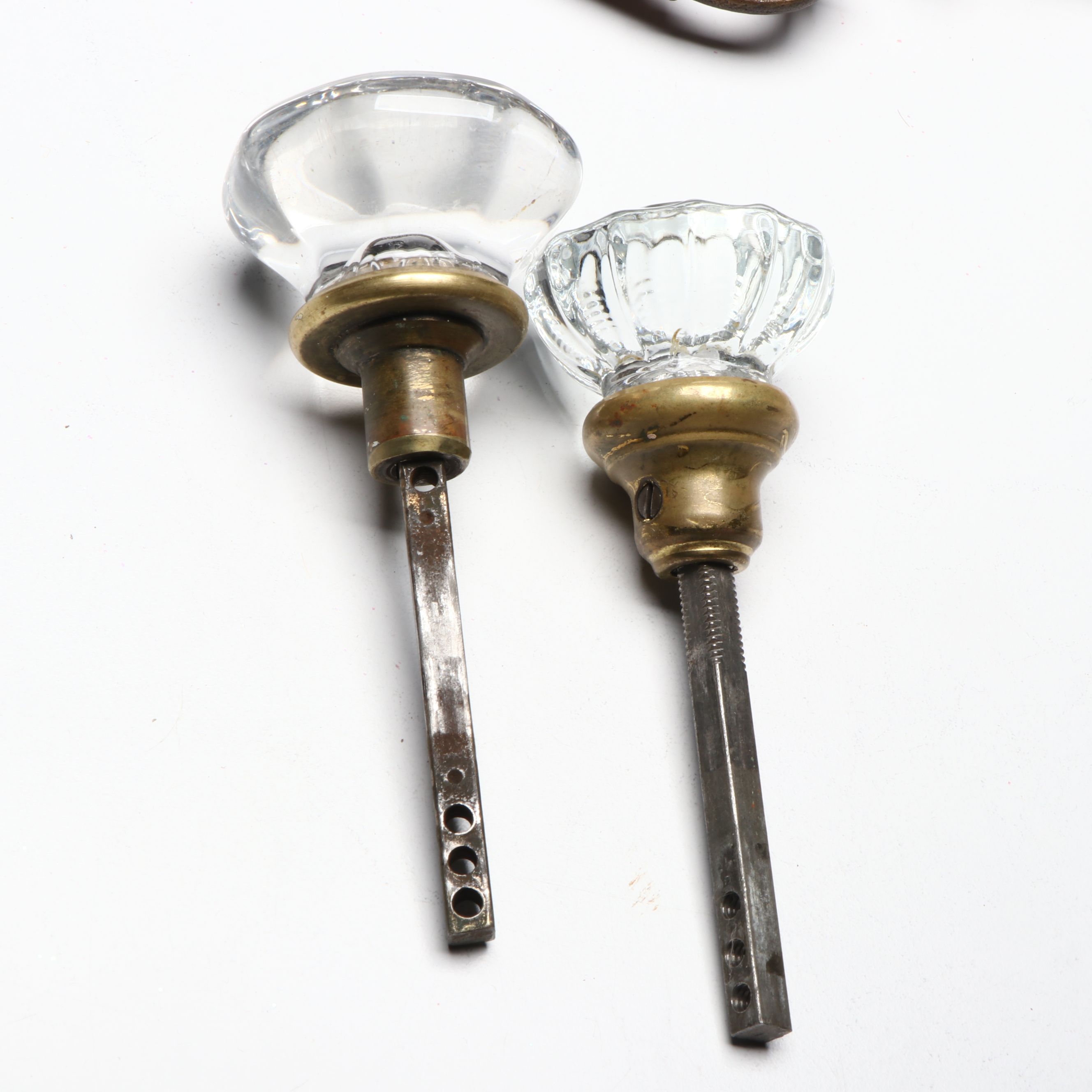 Art Nouveau Swing Arm Curtain Rods with Vintage Brass Finish Doorknobs