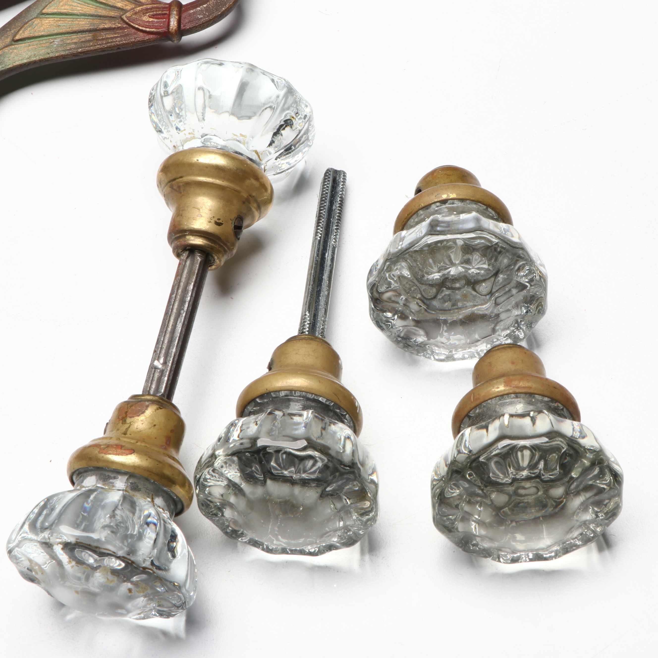 Art Nouveau Swing Arm Curtain Rods with Vintage Brass Finish Doorknobs