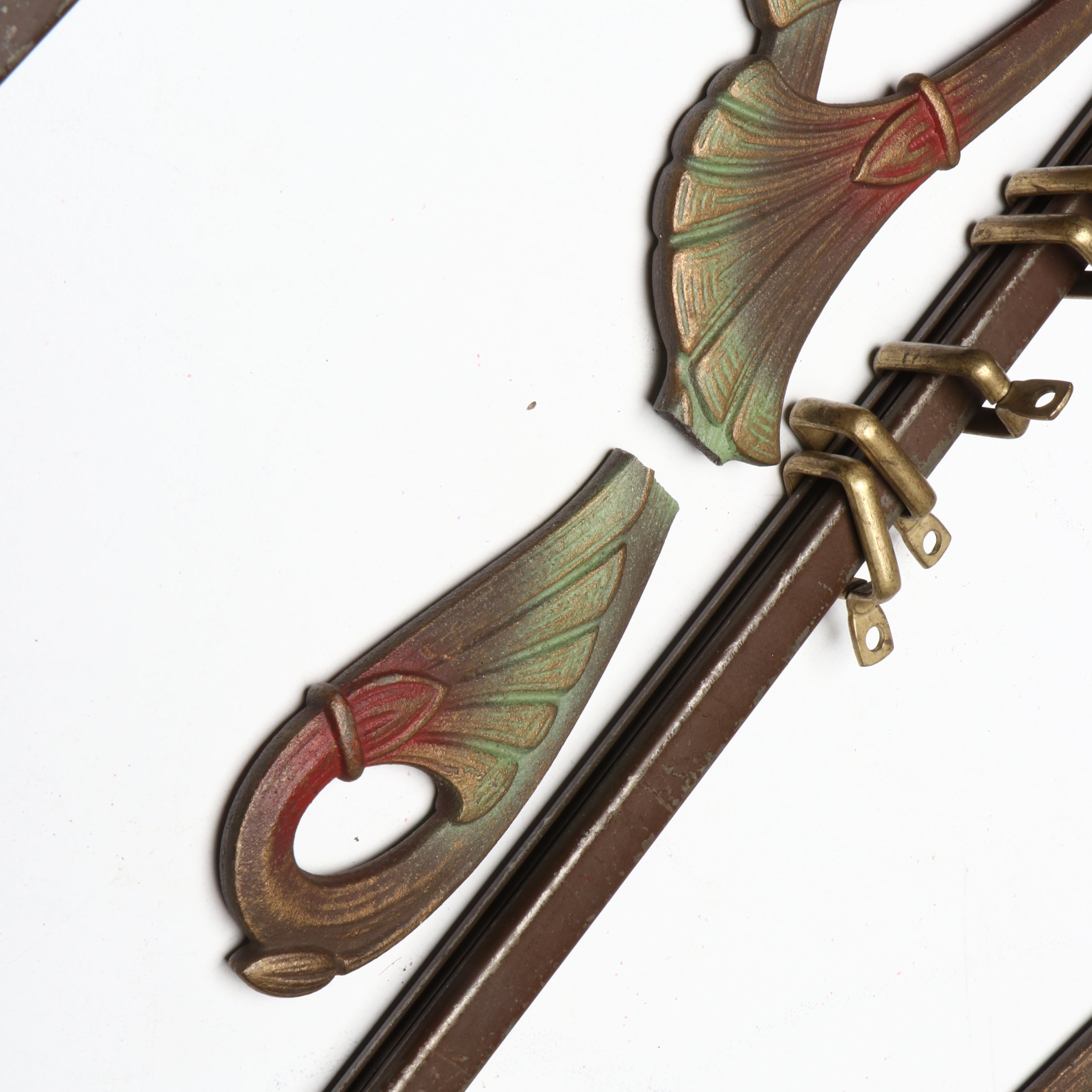 Art Nouveau Swing Arm Curtain Rods with Vintage Brass Finish Doorknobs