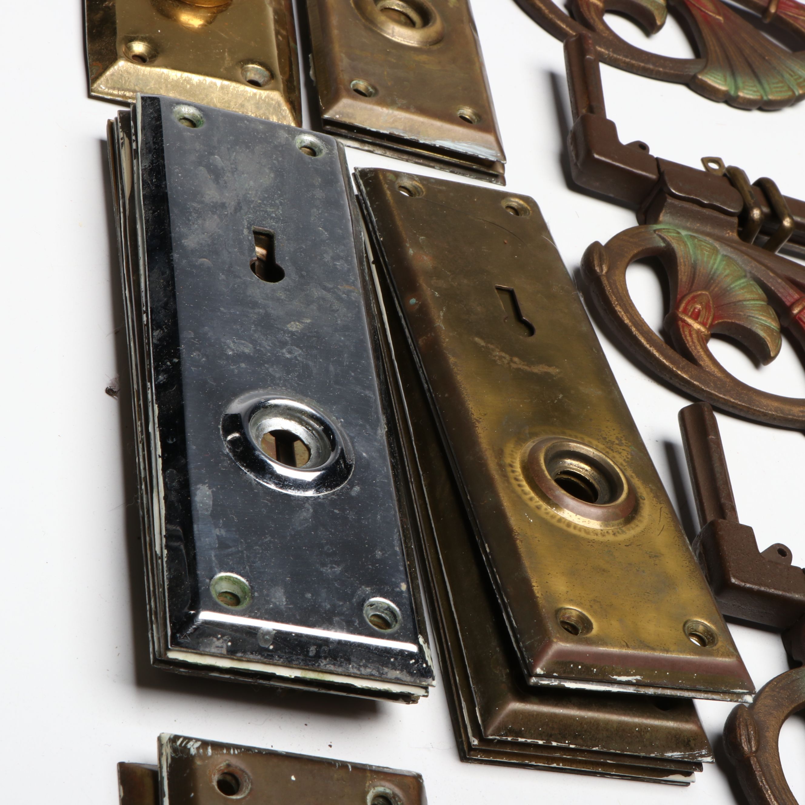 Art Nouveau Swing Arm Curtain Rods with Vintage Brass Finish Doorknobs