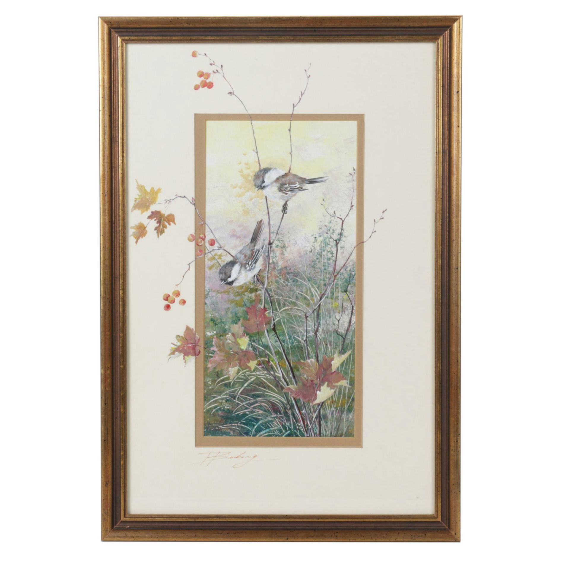 Ernestine Bucking Oil Painting Scene of Pair of Birds with Flowers and Berries
