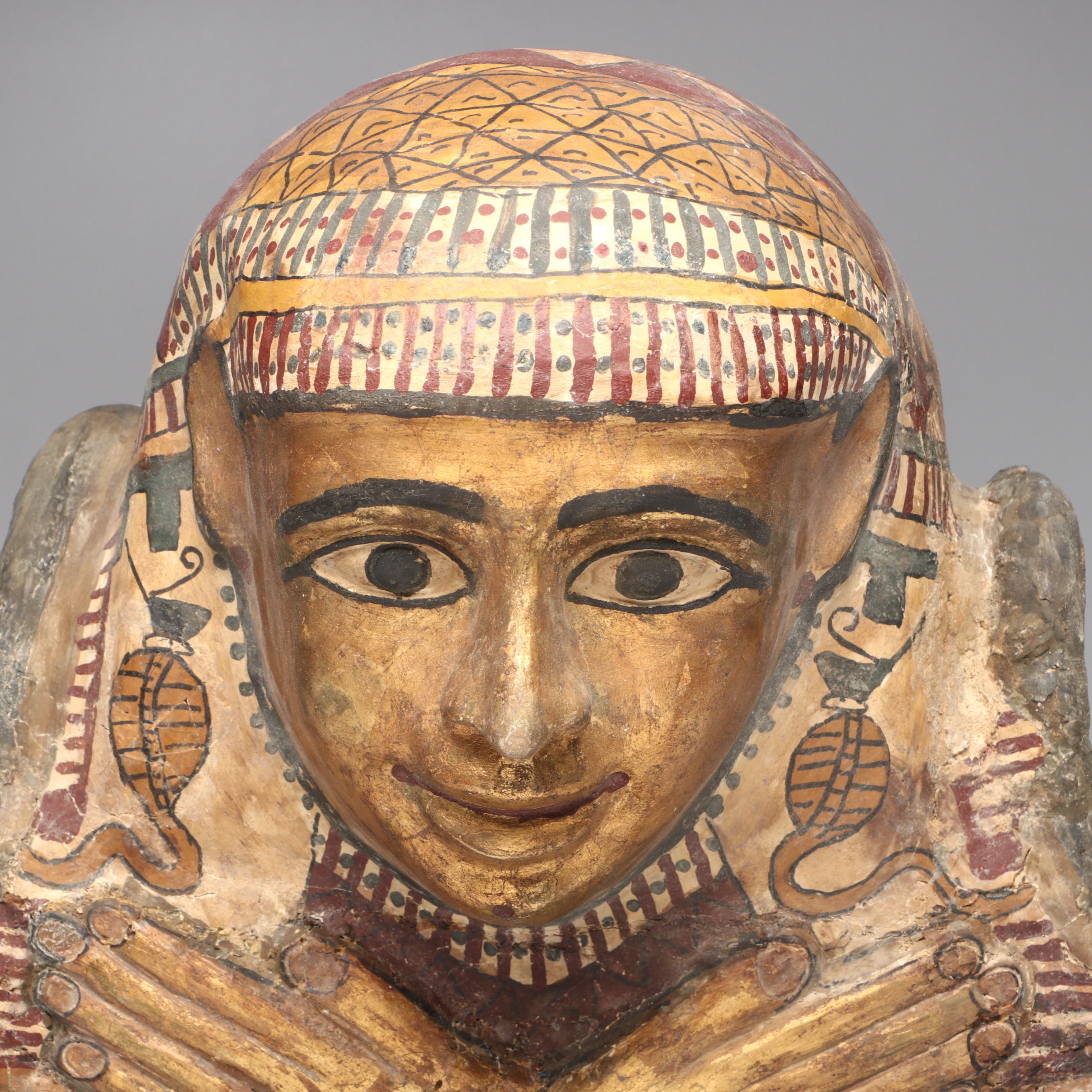 Egyptian Sarcophagus Helmet Mask in Glass Case, 1st to 2nd Century CE