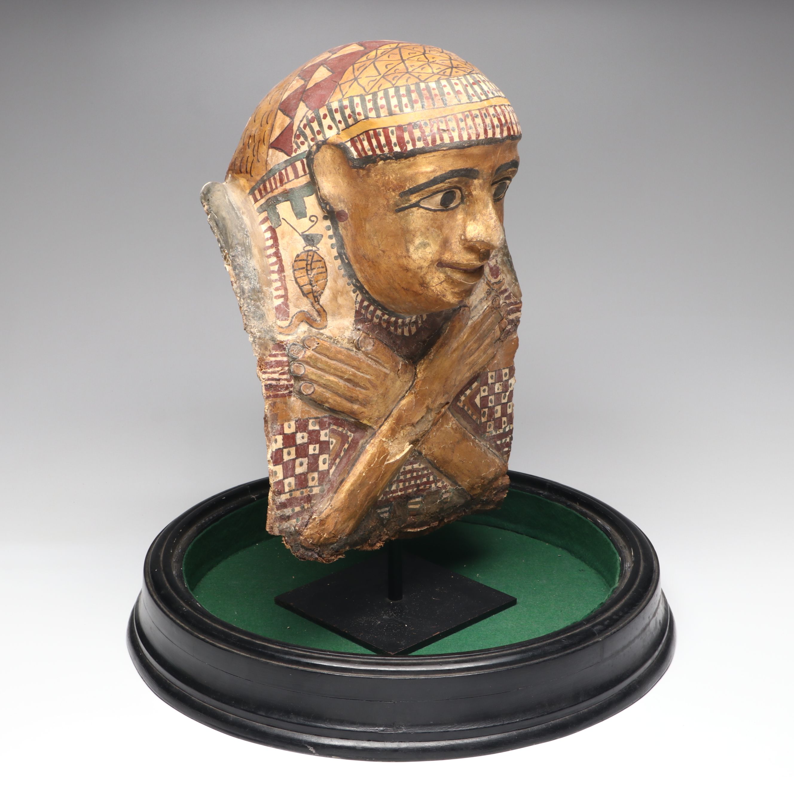 Egyptian Sarcophagus Helmet Mask in Glass Case, 1st to 2nd Century CE