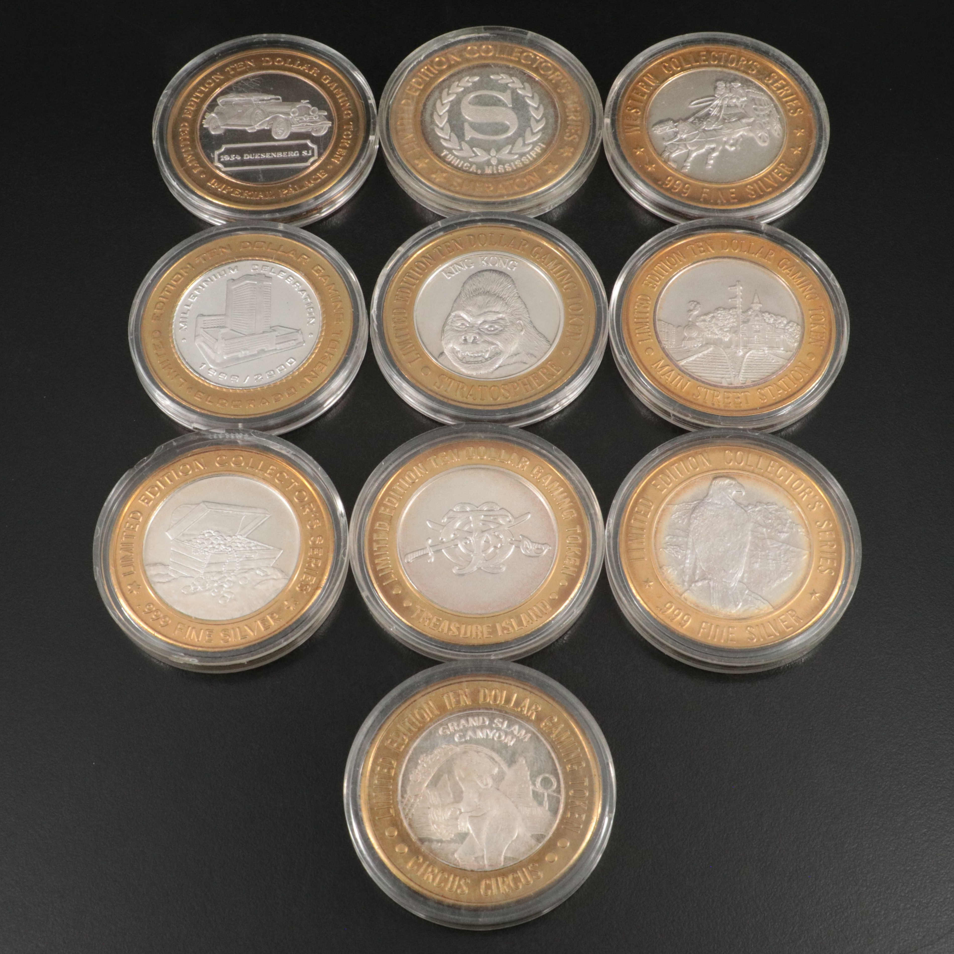 Ten Assorted Casino Partial Silver Gambling Tokens