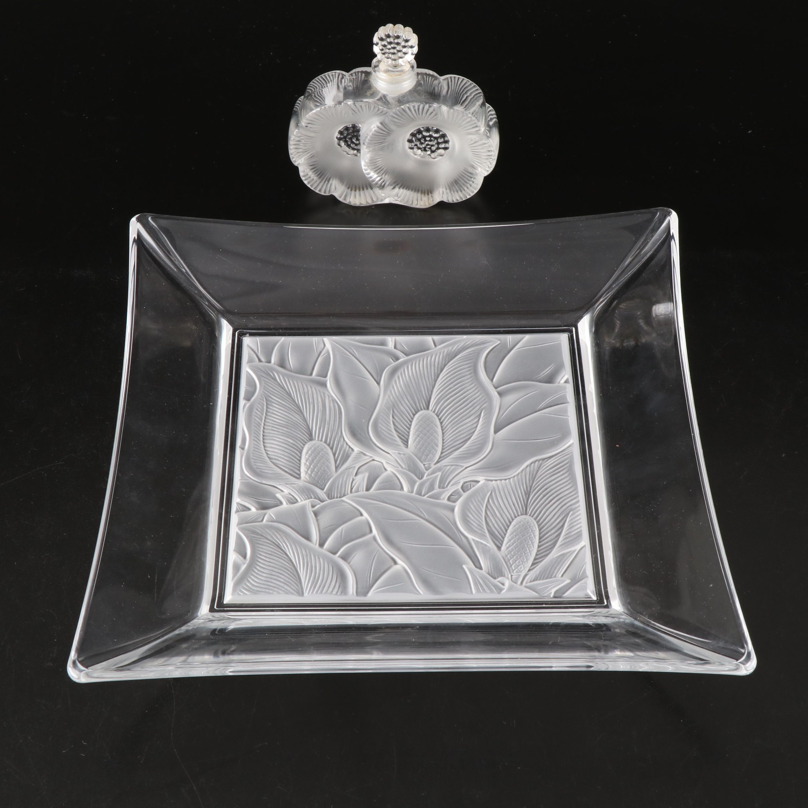 Lalique "Deux Fleurs" Crystal Perfume Bottle and Hoya "River Lily" Square Plate