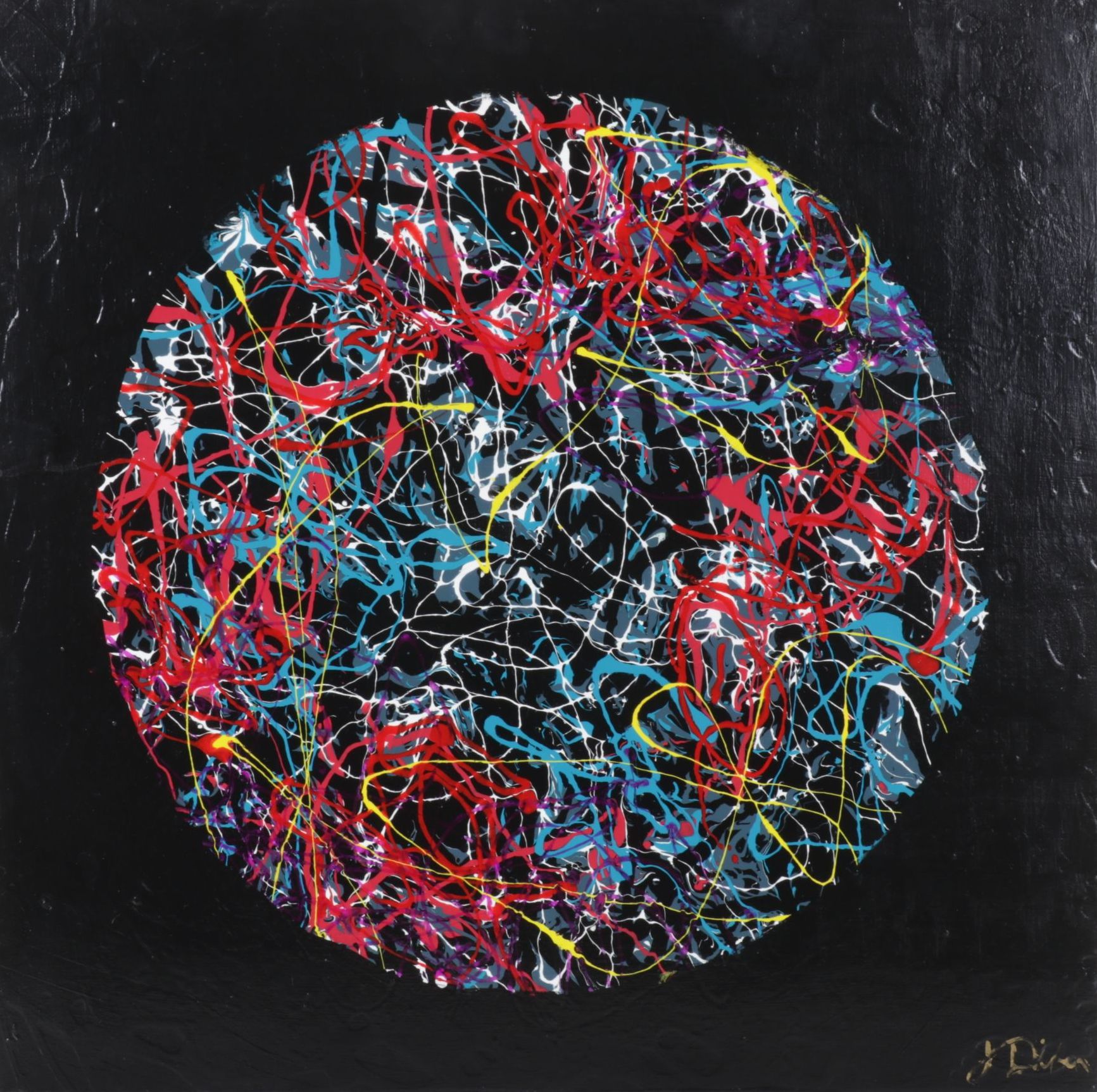 Joe Dixon Circular Abstract Expressionist Acrylic Pour Painting, C. 2020