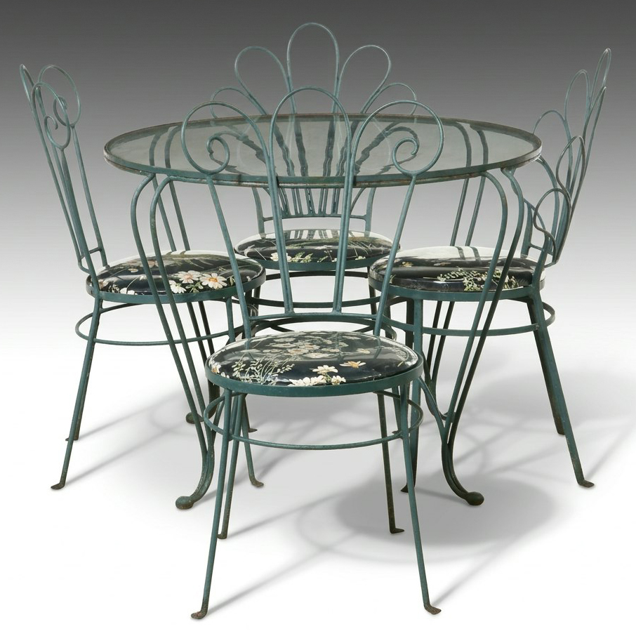Green-Painted Wrought Iron Five-Piece Patio Dining Set, Late 20th Century