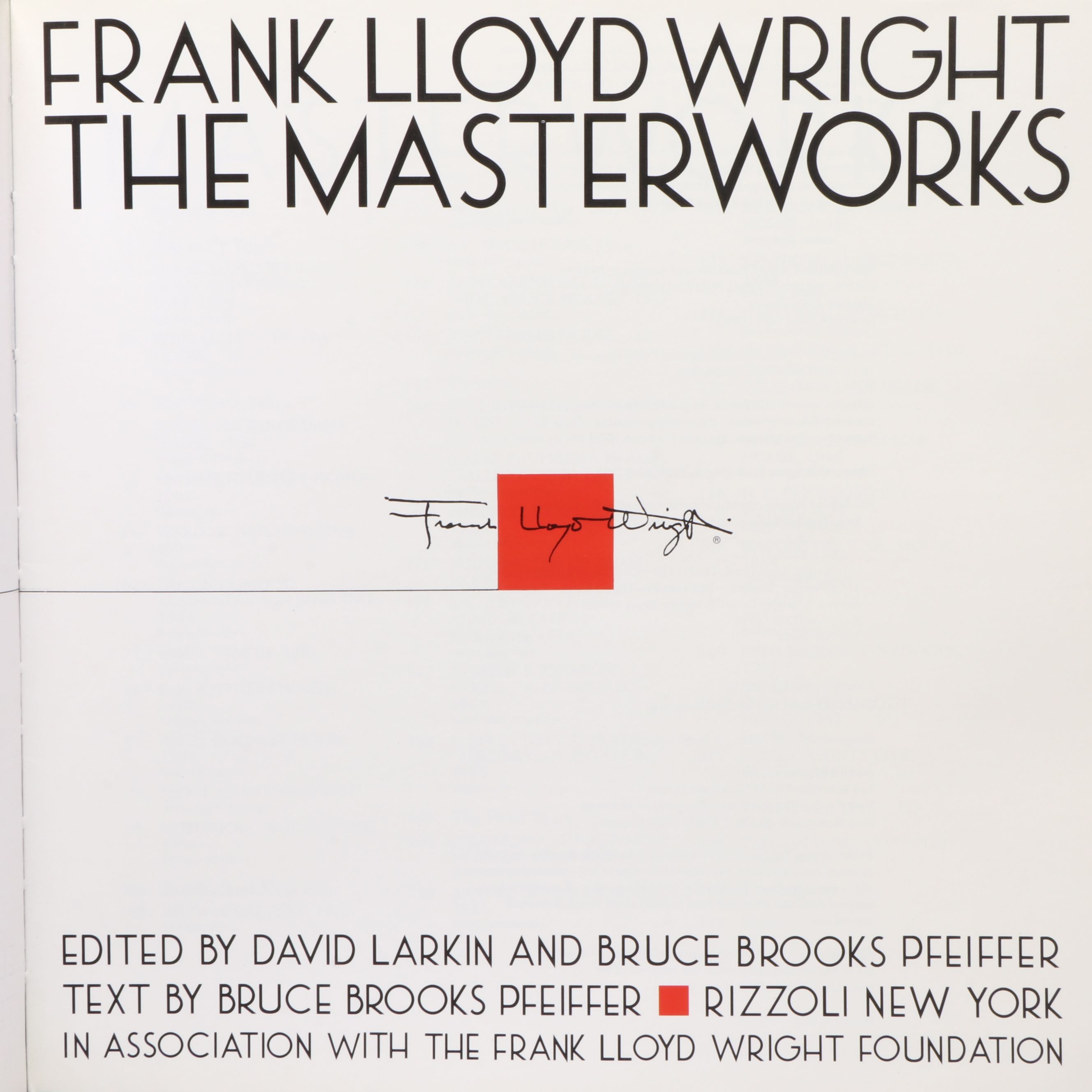 First Edition "Frank Lloyd Wright: The Masterworks" by Pfeiffer and Larkin, 1993