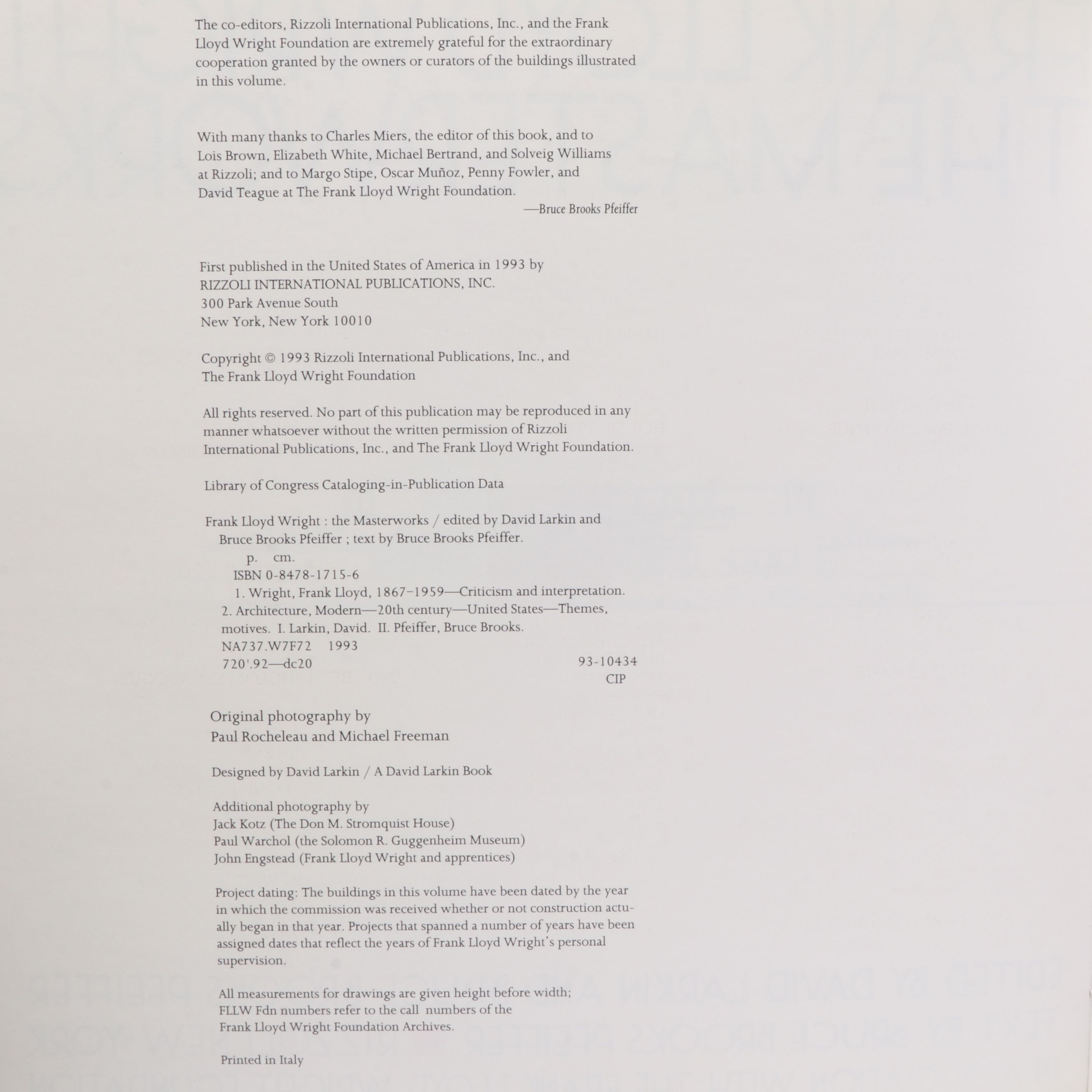 First Edition "Frank Lloyd Wright: The Masterworks" by Pfeiffer and Larkin, 1993