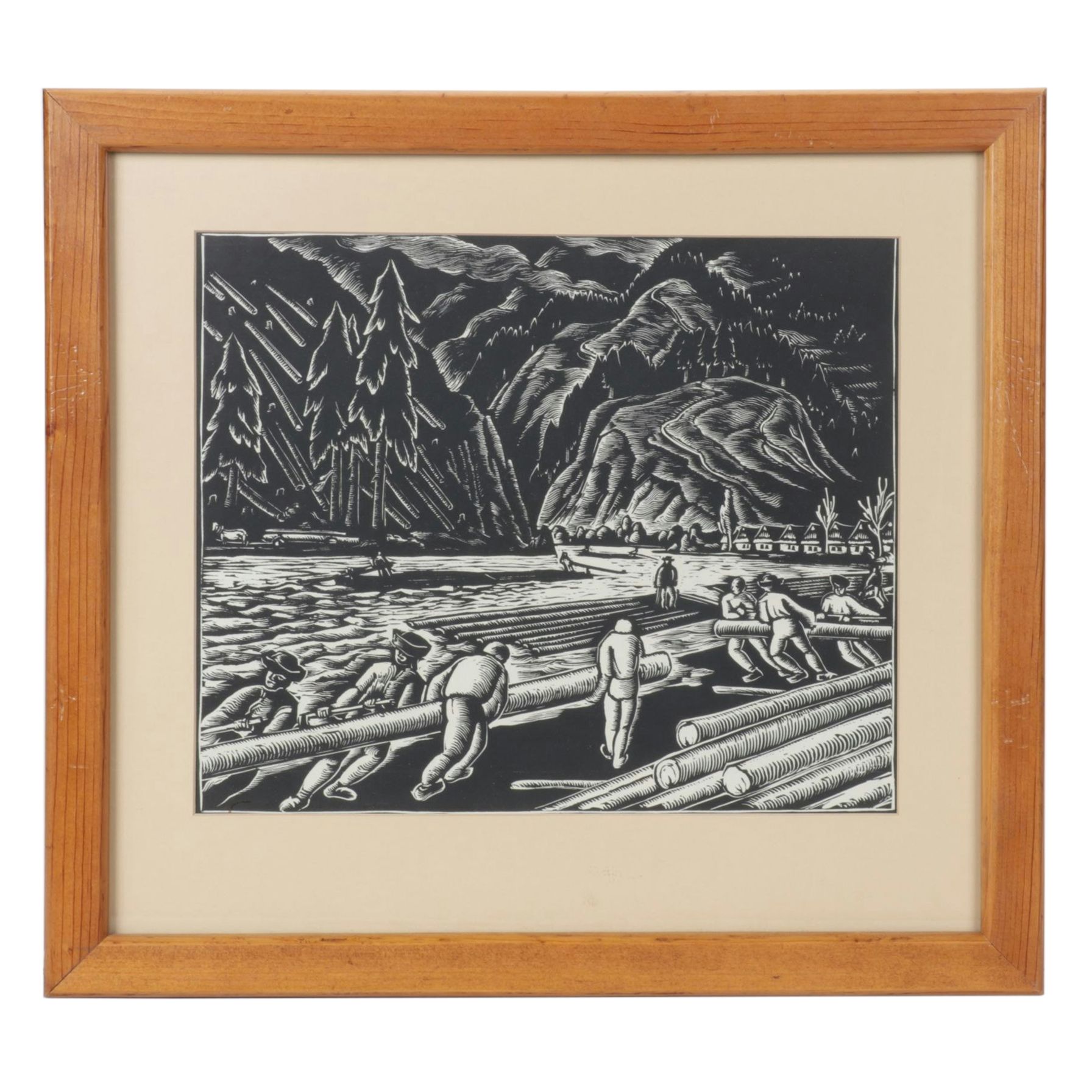 Ferdiš Duša Woodcut Print "Pltníci (Loggers)", Early to Mid-20th Century