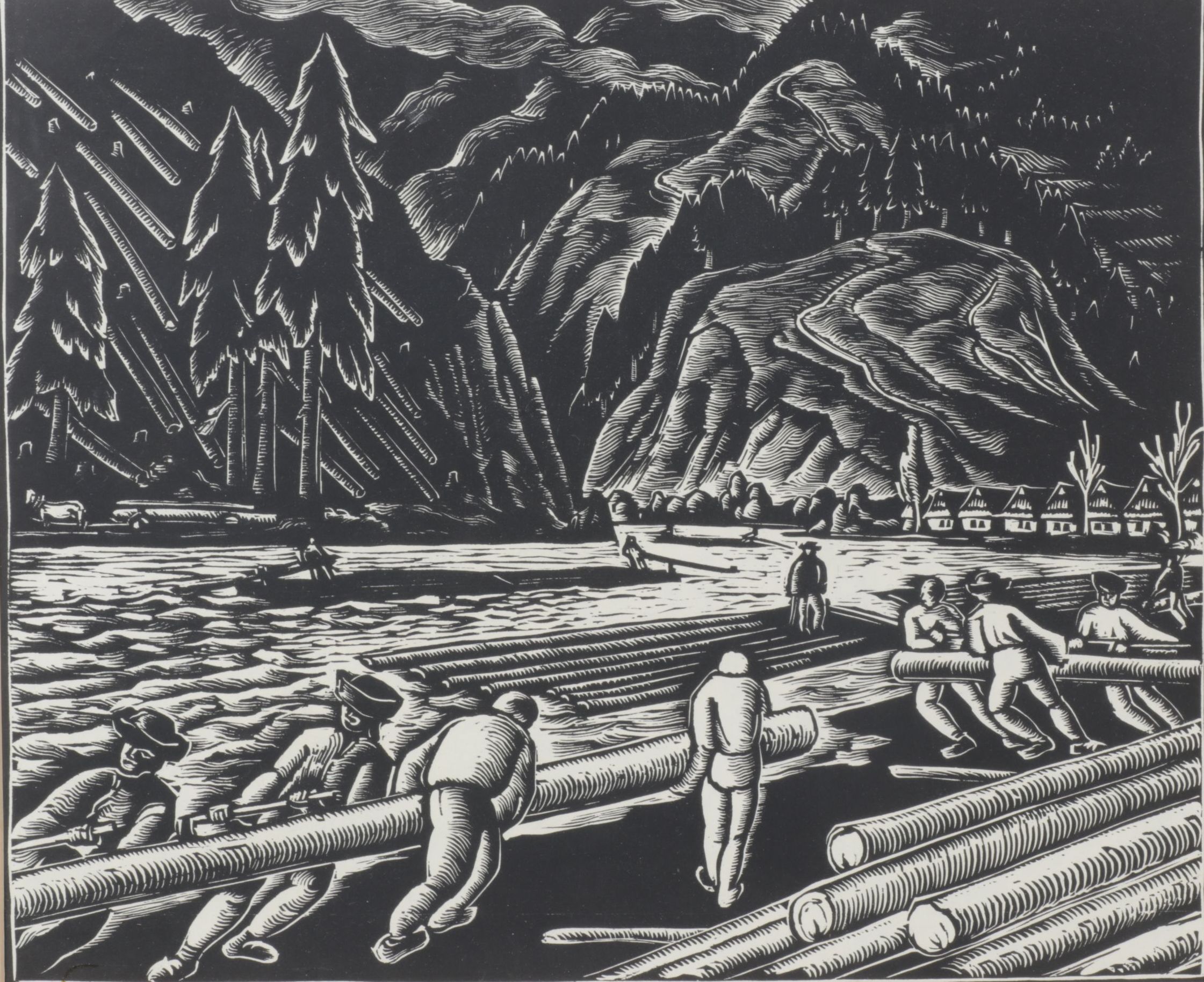 Ferdiš Duša Woodcut Print "Pltníci (Loggers)", Early to Mid-20th Century