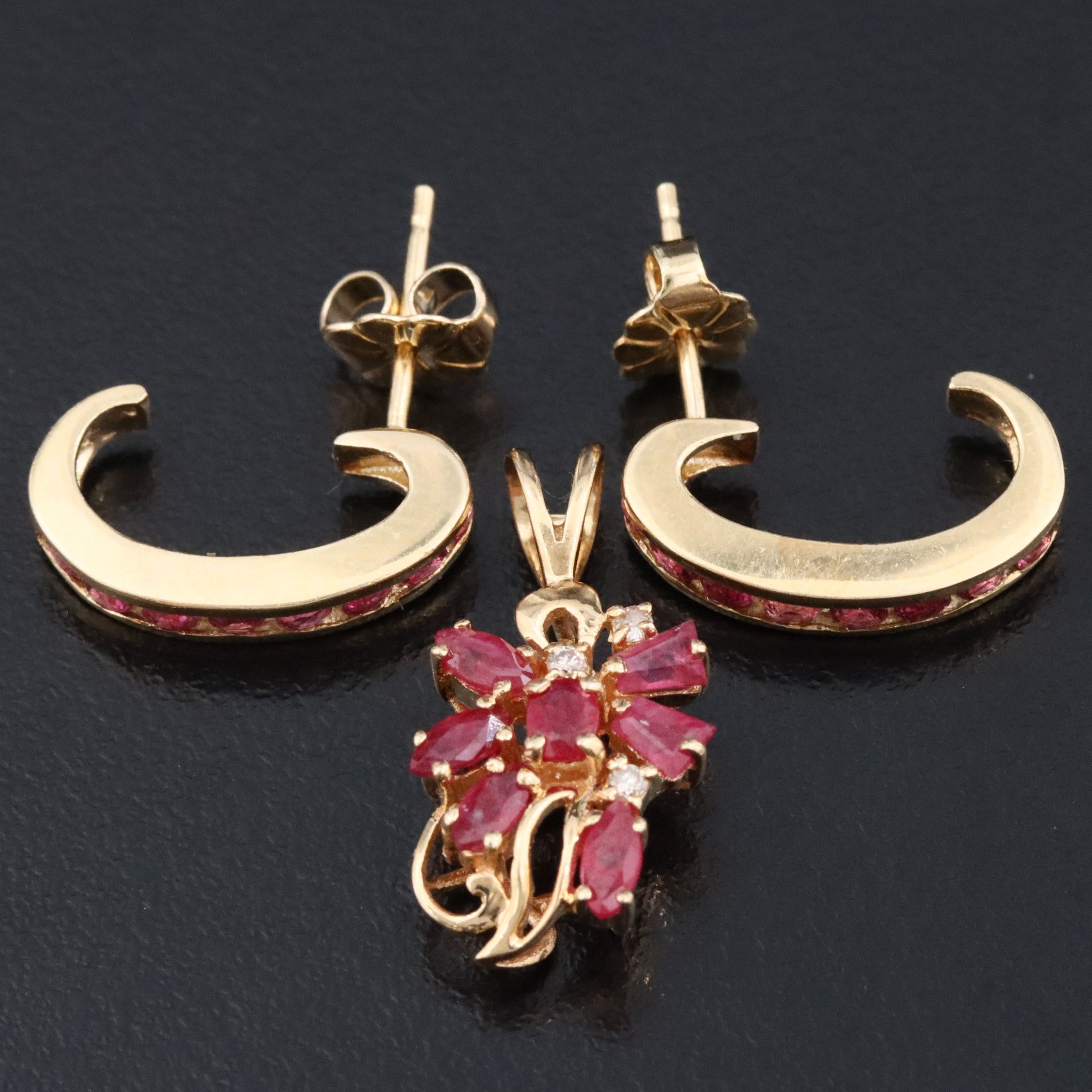 14K Ruby and Diamond J Hoop Earrings and Pendant