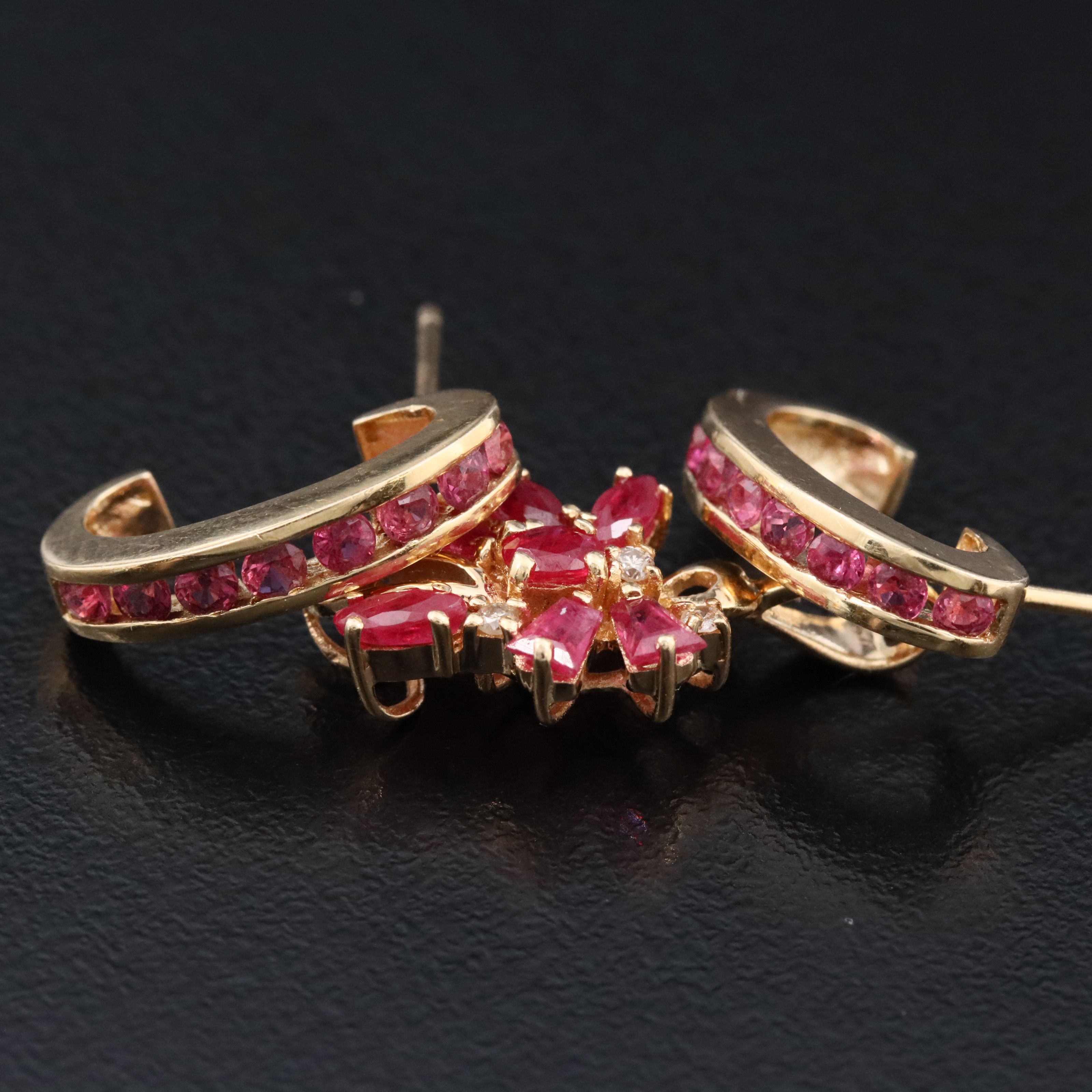 14K Ruby and Diamond J Hoop Earrings and Pendant