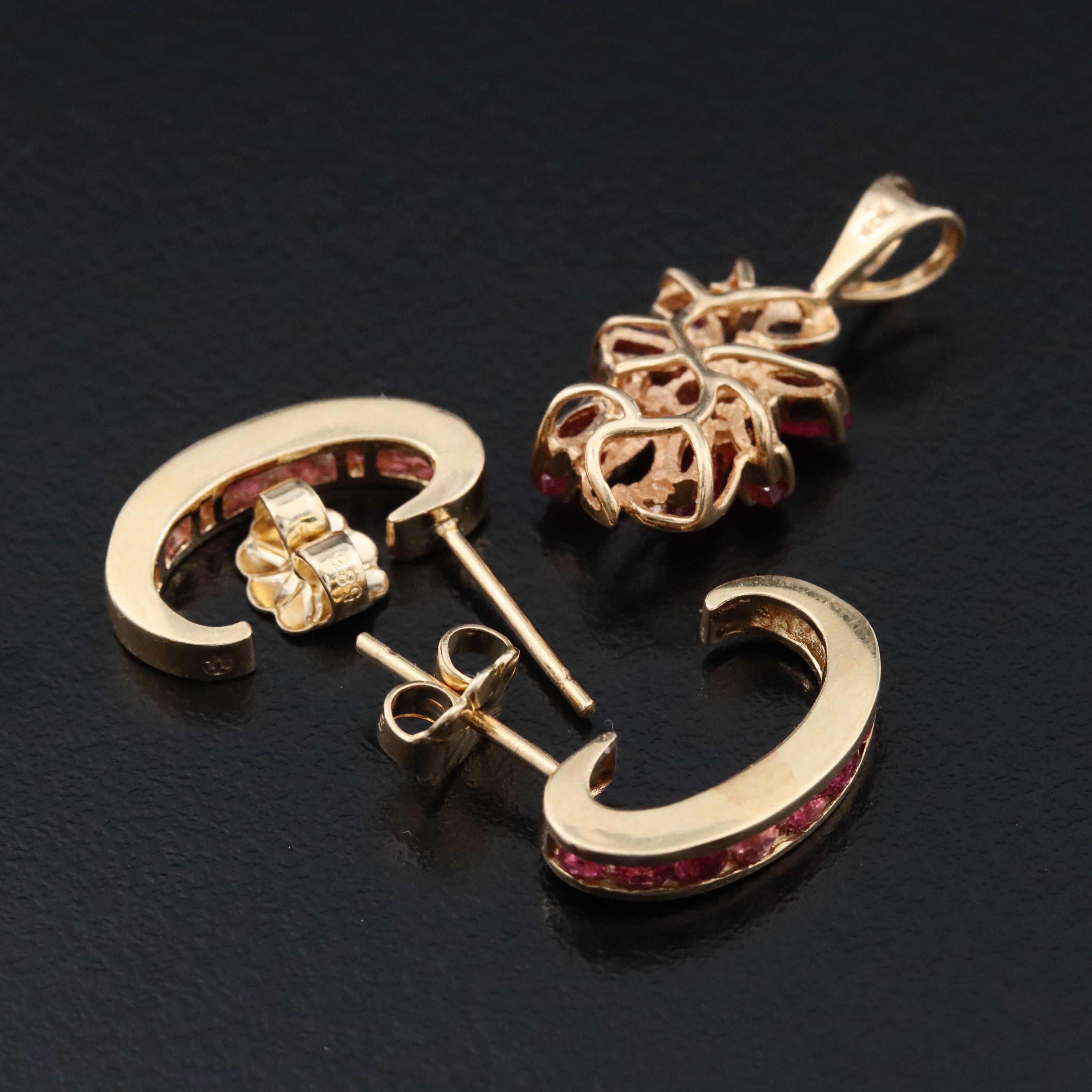 14K Ruby and Diamond J Hoop Earrings and Pendant