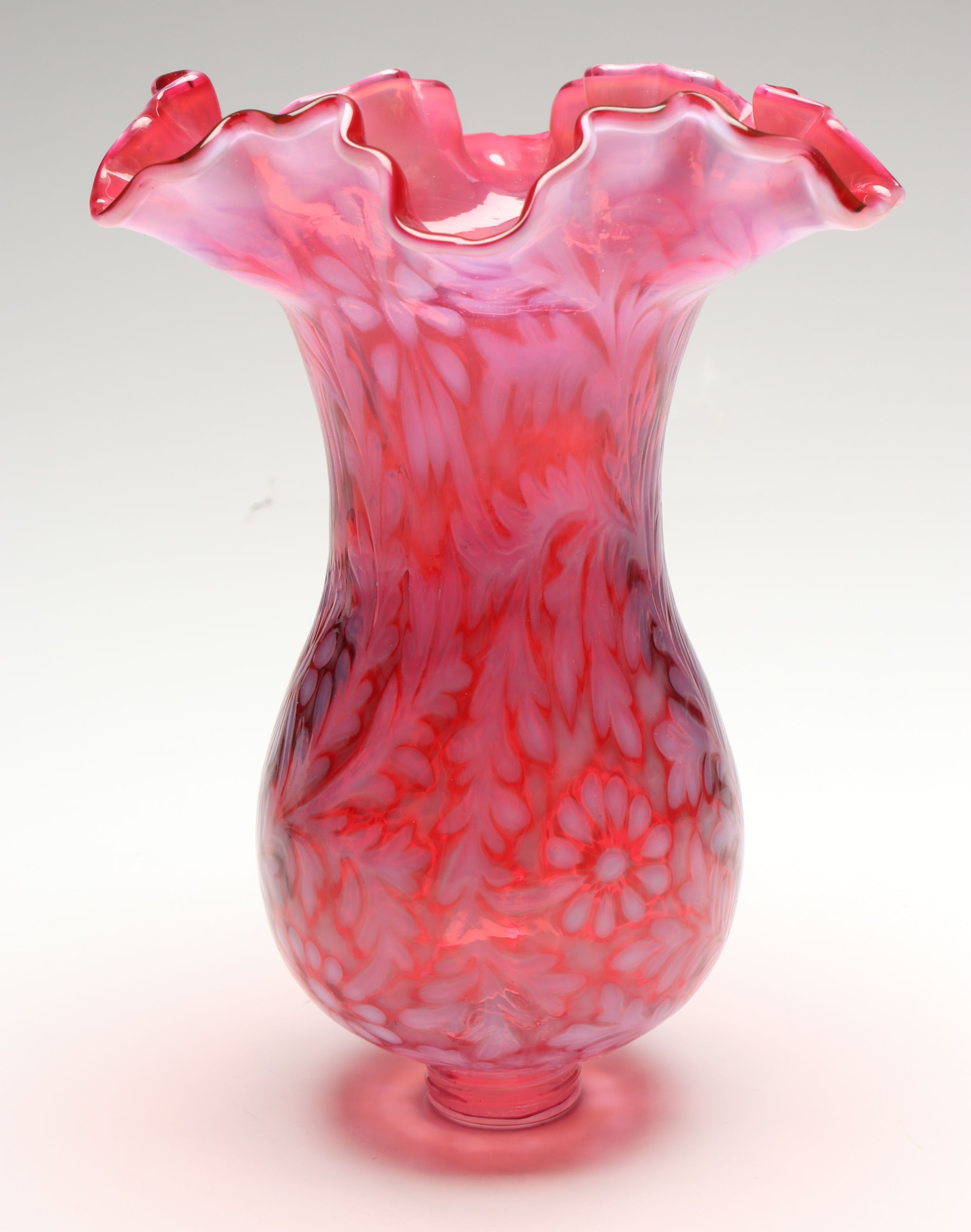 Fenton "Daisy and Fern" Cranberry Opalescent Glass Hurricane