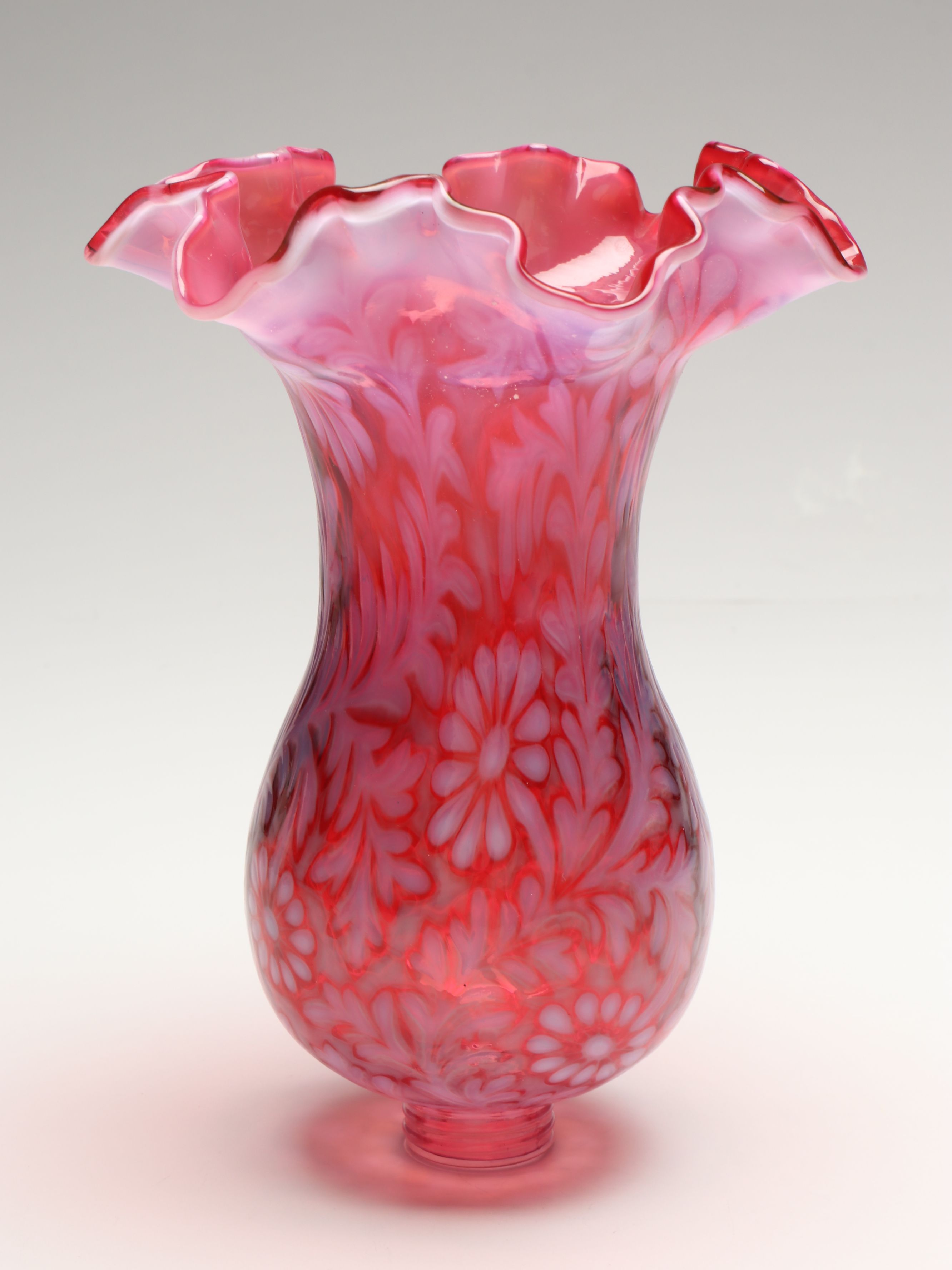 Fenton "Daisy and Fern" Cranberry Opalescent Glass Hurricane