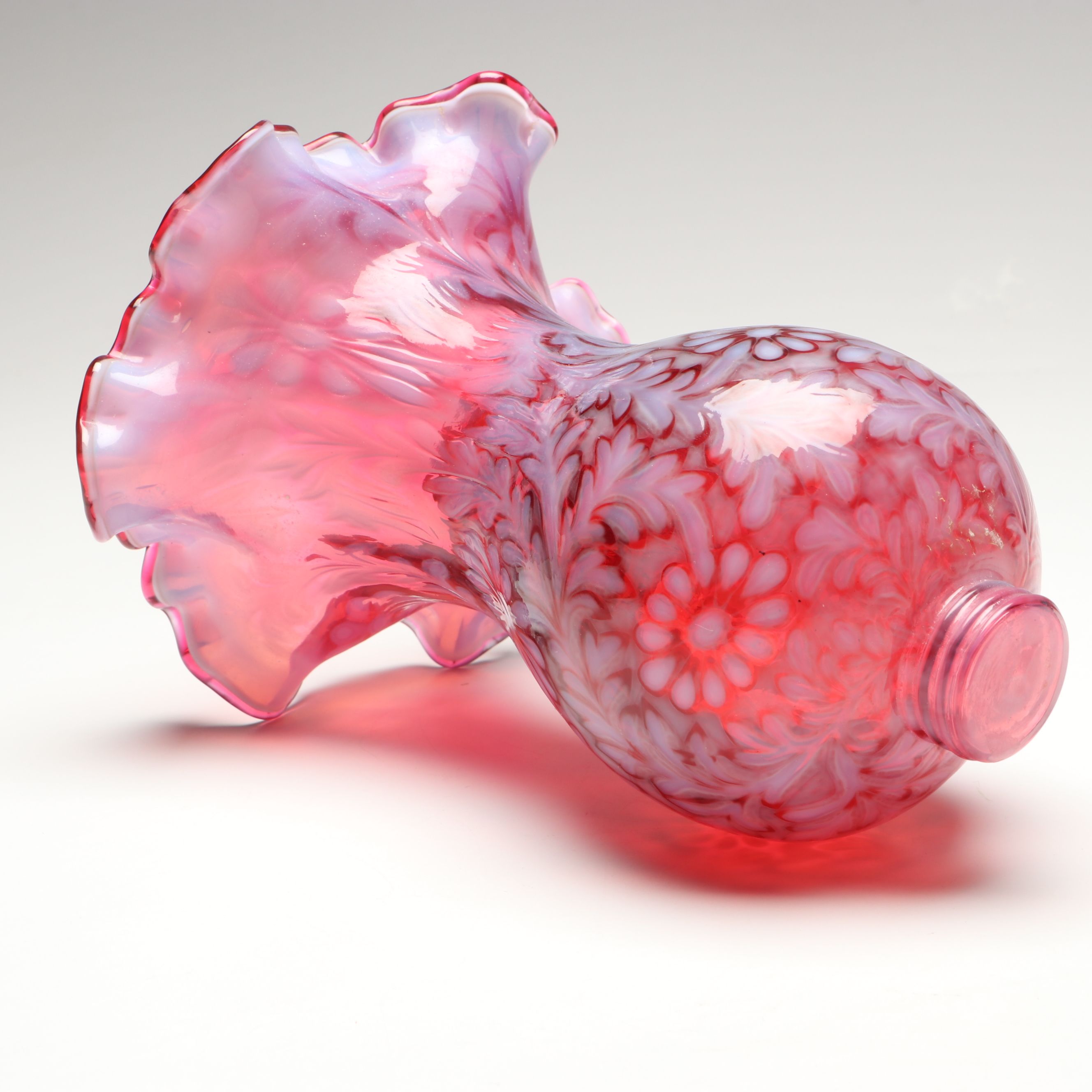 Fenton "Daisy and Fern" Cranberry Opalescent Glass Hurricane