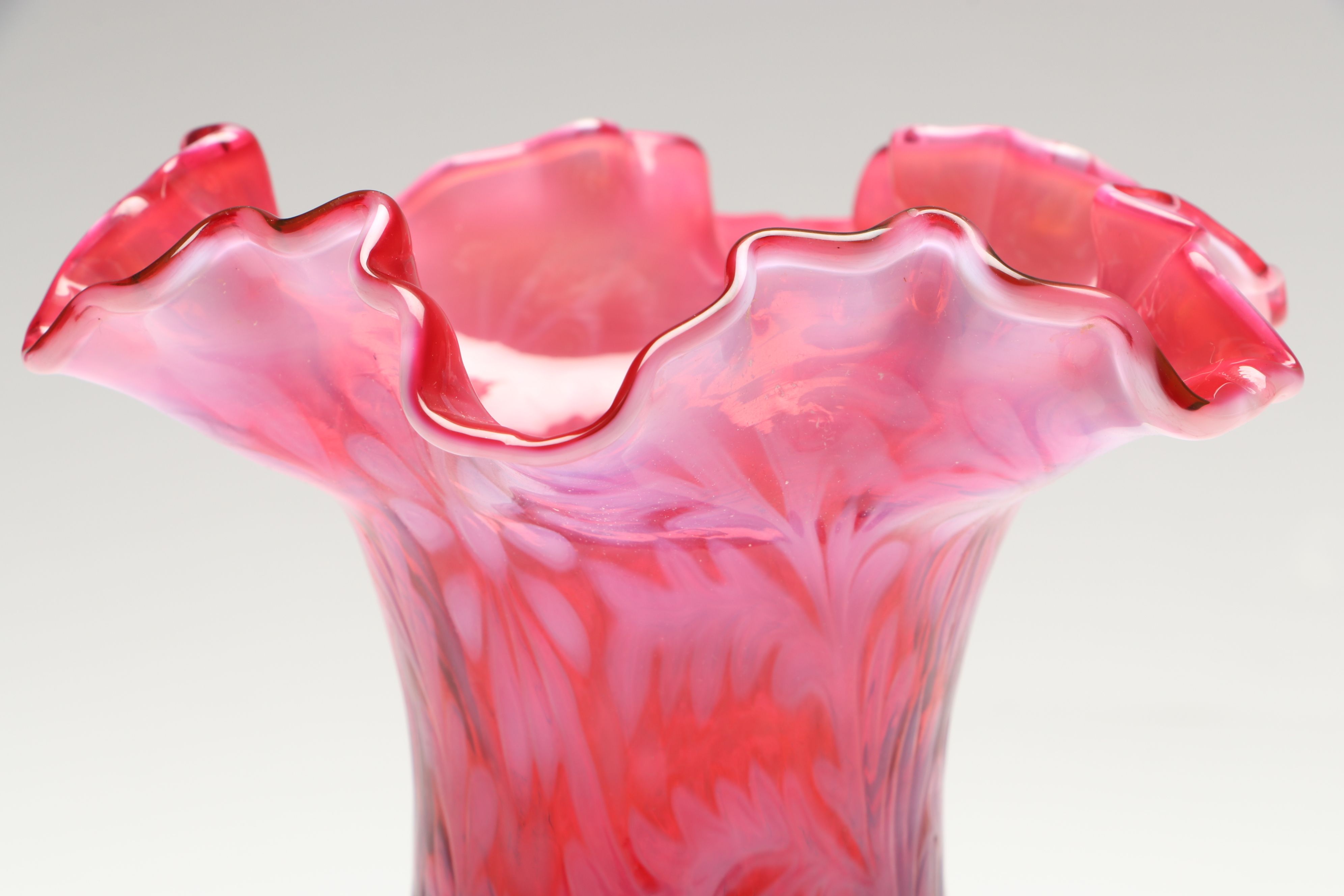 Fenton "Daisy and Fern" Cranberry Opalescent Glass Hurricane