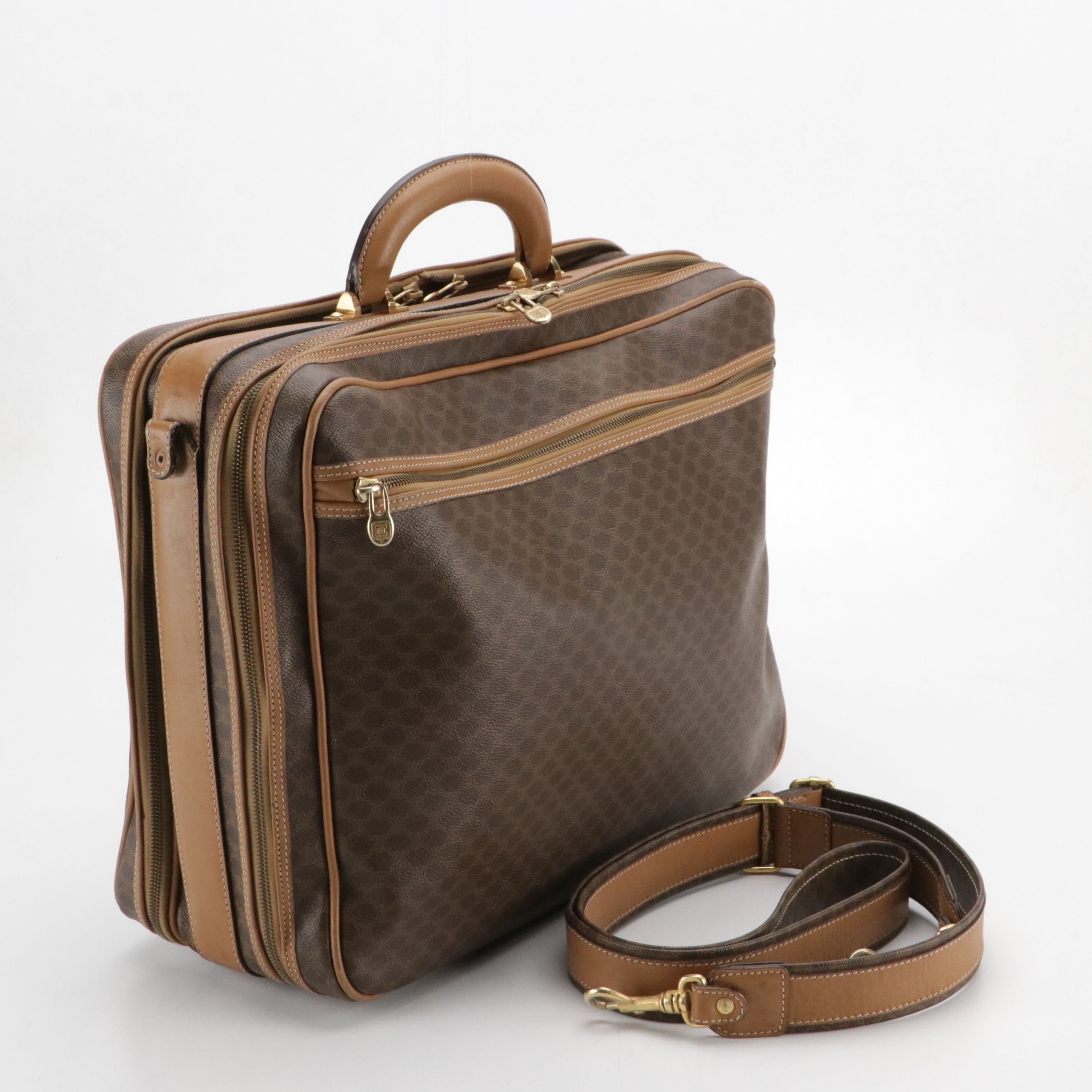 Celine Top Handle Travel Bag in Dark Brown Macadam Canvas and Leather