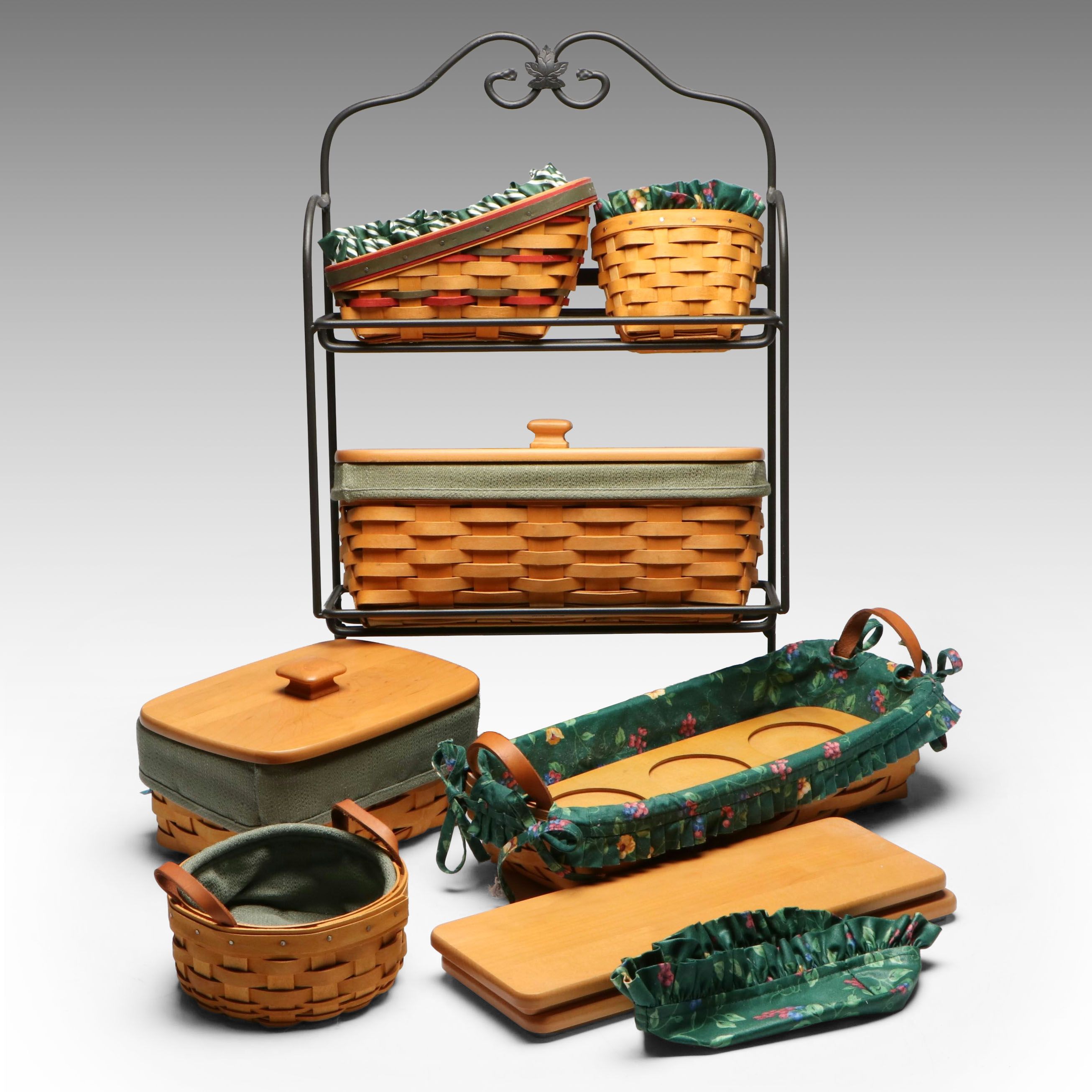 Longaberger Woven and Fabric Lined Baskets with Metal Rack