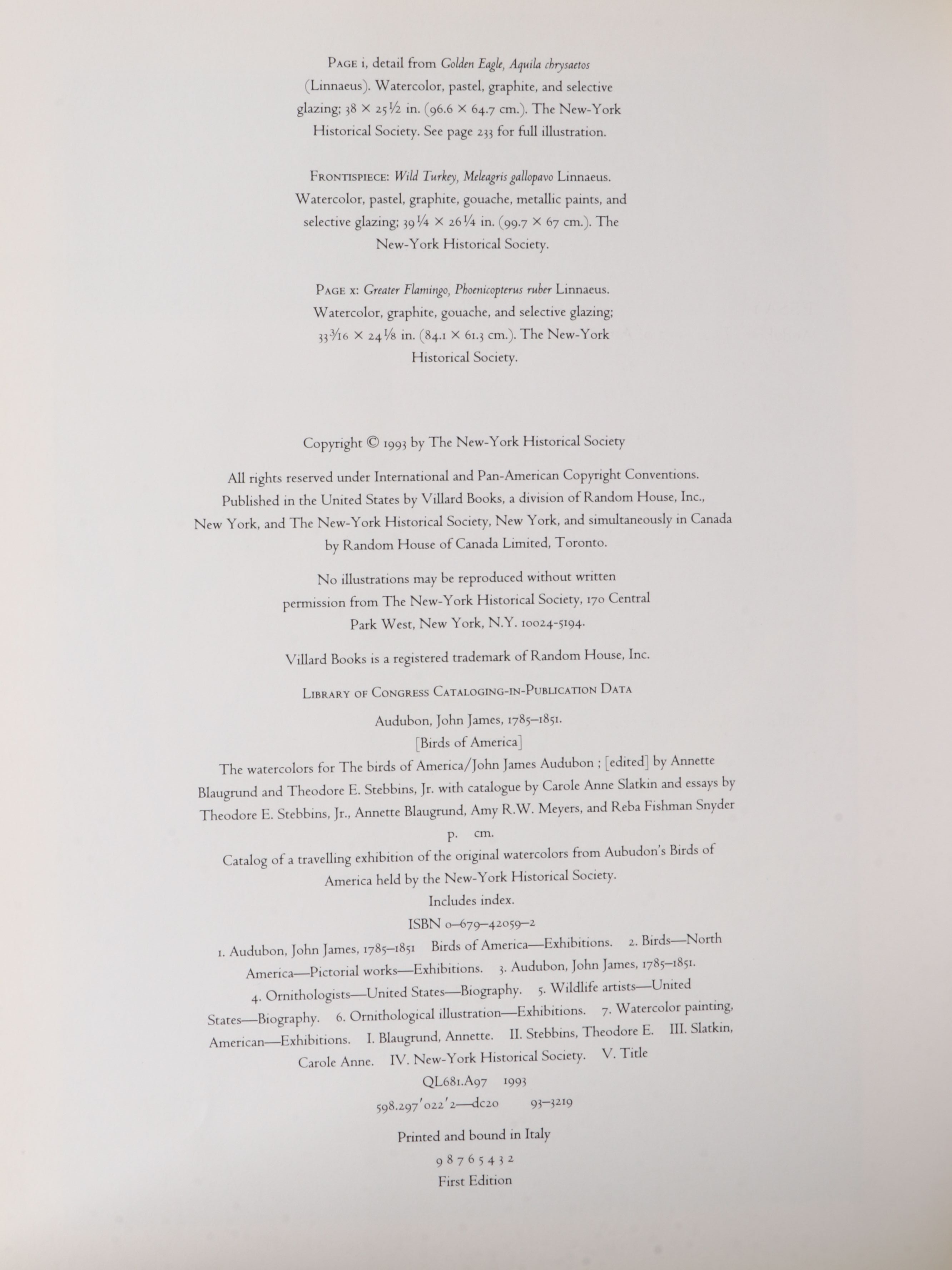 First Printing "John James Audubon: Watercolors for The Birds of America," 1993