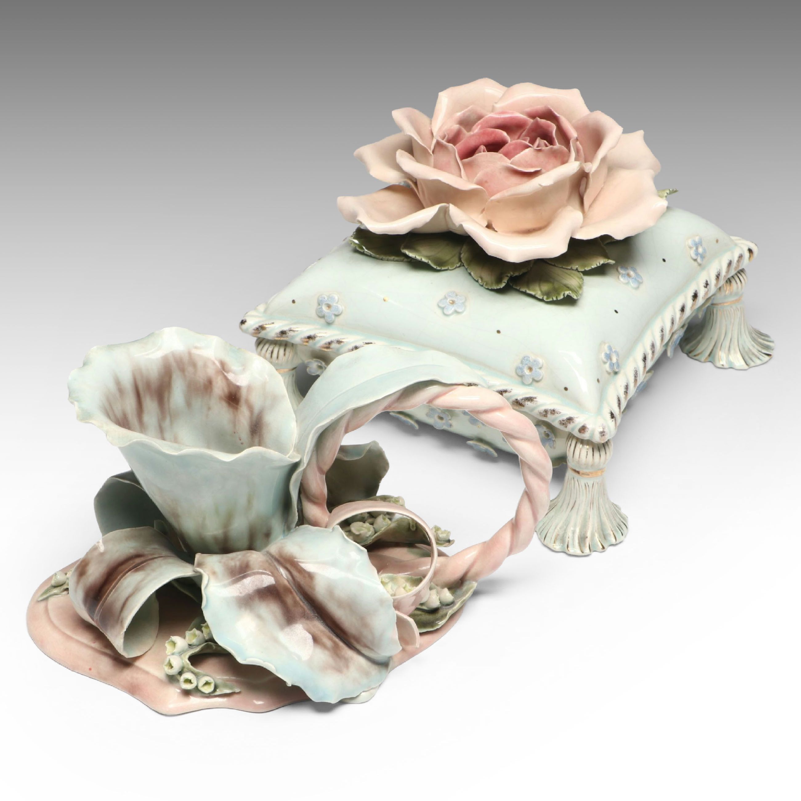 Hobe Rococo Style Floral Porcelain Decorative Box and Chamberstick