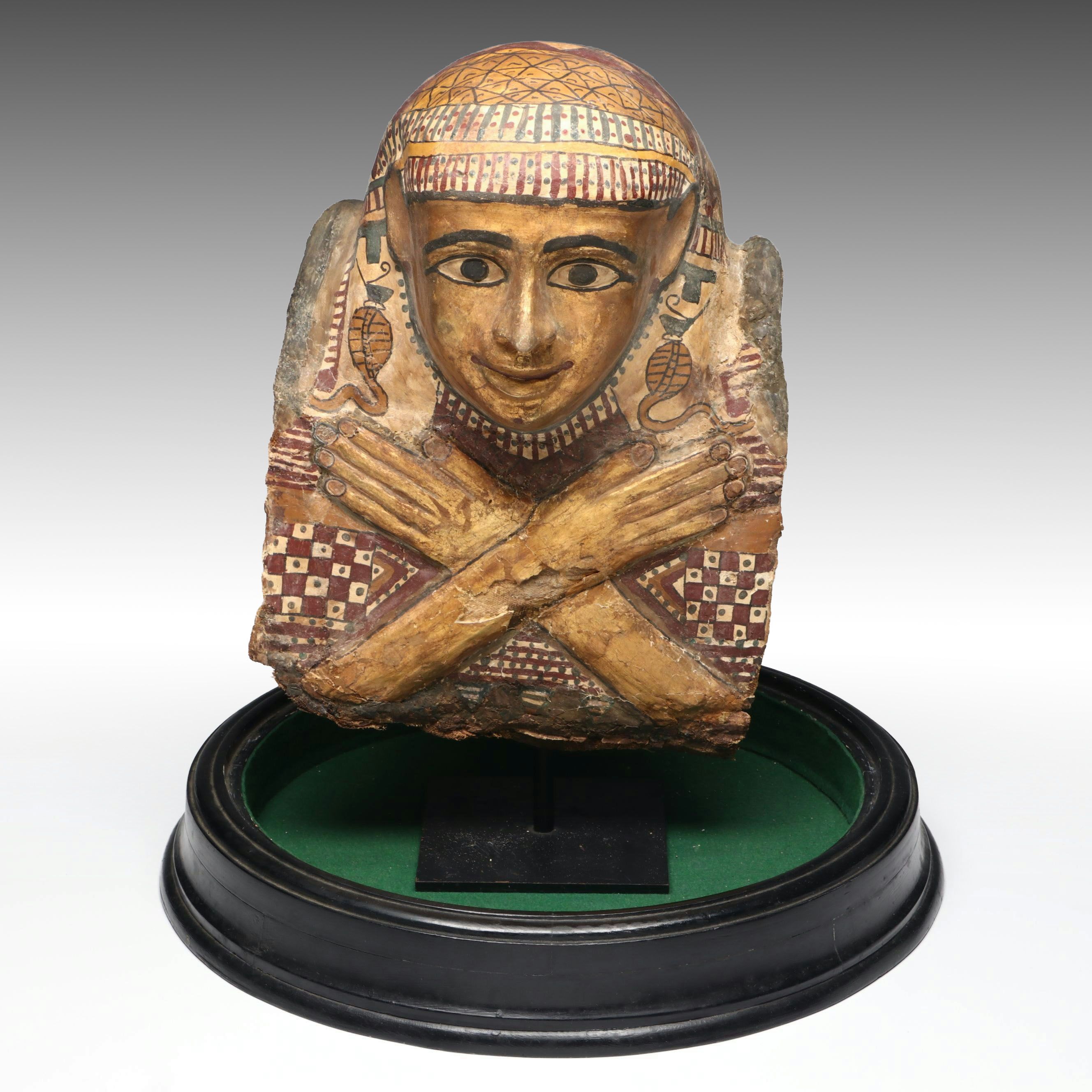 Egyptian Sarcophagus Helmet Mask in Glass Case, 1st to 2nd Century CE