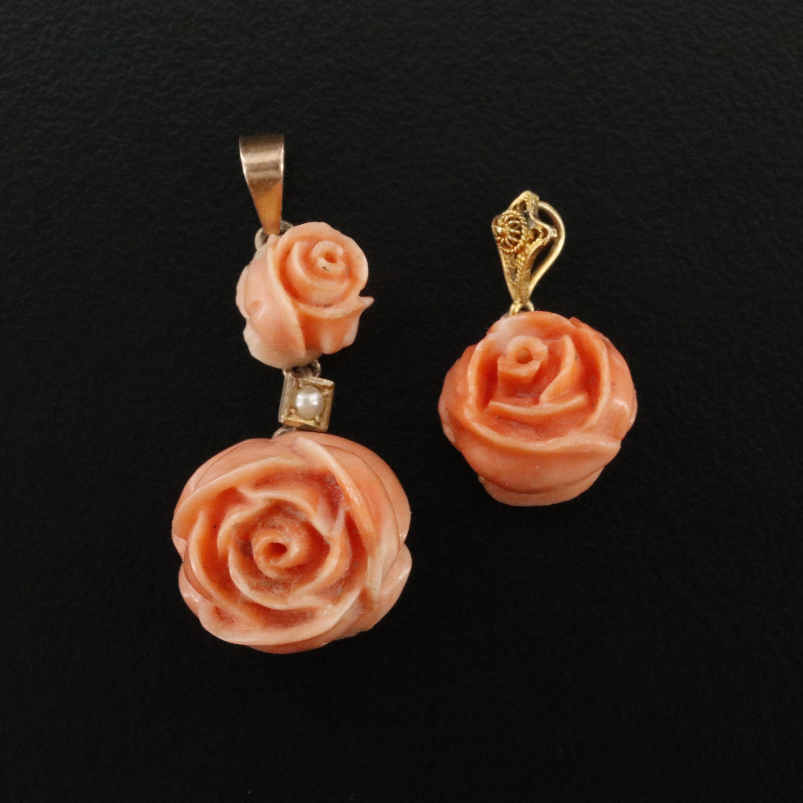 10K Carved Coral Rosettes and Seed Pearl Pendants
