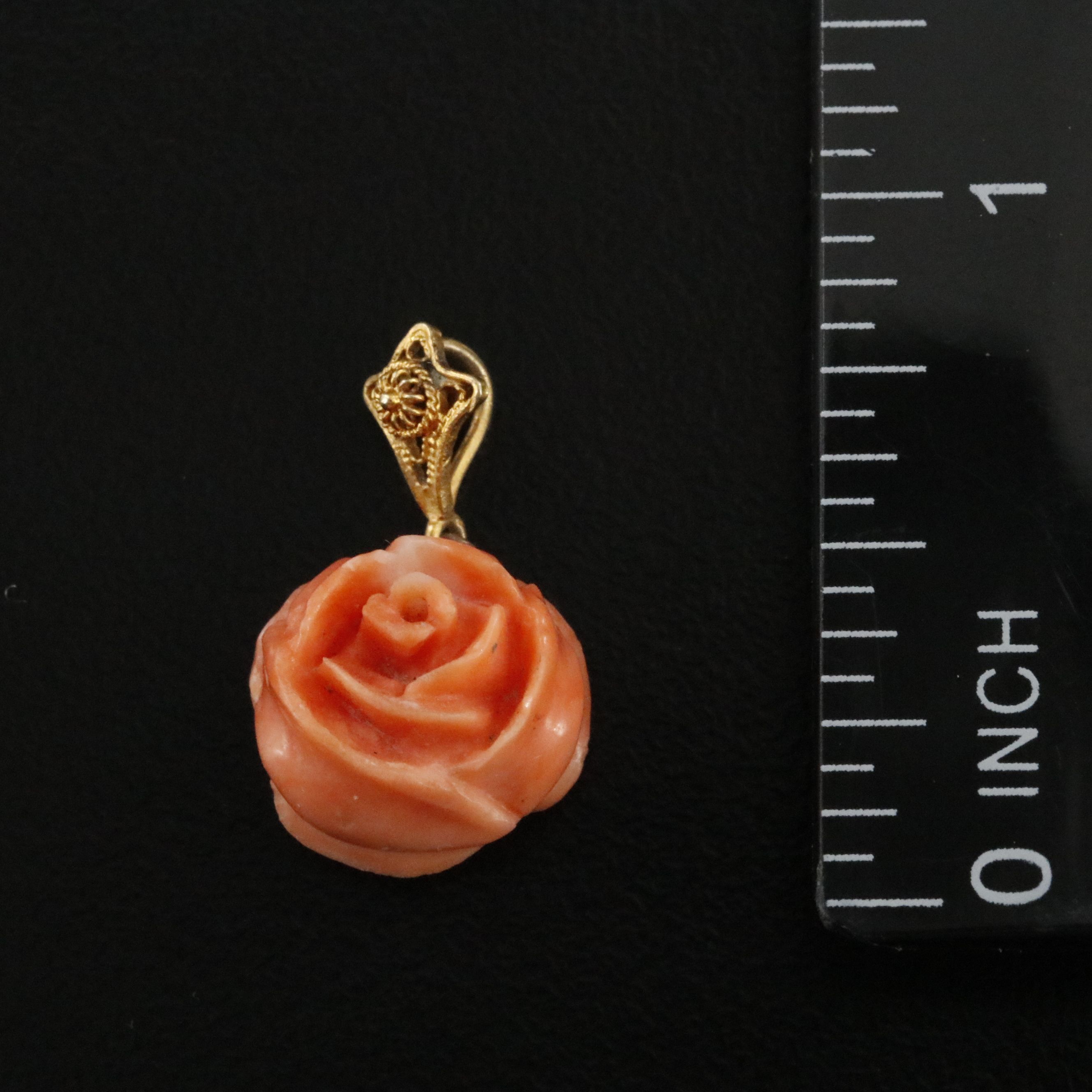 10K Carved Coral Rosettes and Seed Pearl Pendants
